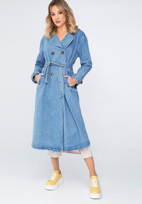 Damski płaszcz dżinsowy z paskiem, niebieski, 98-9X-901-1-XL, Zdjęcie 1