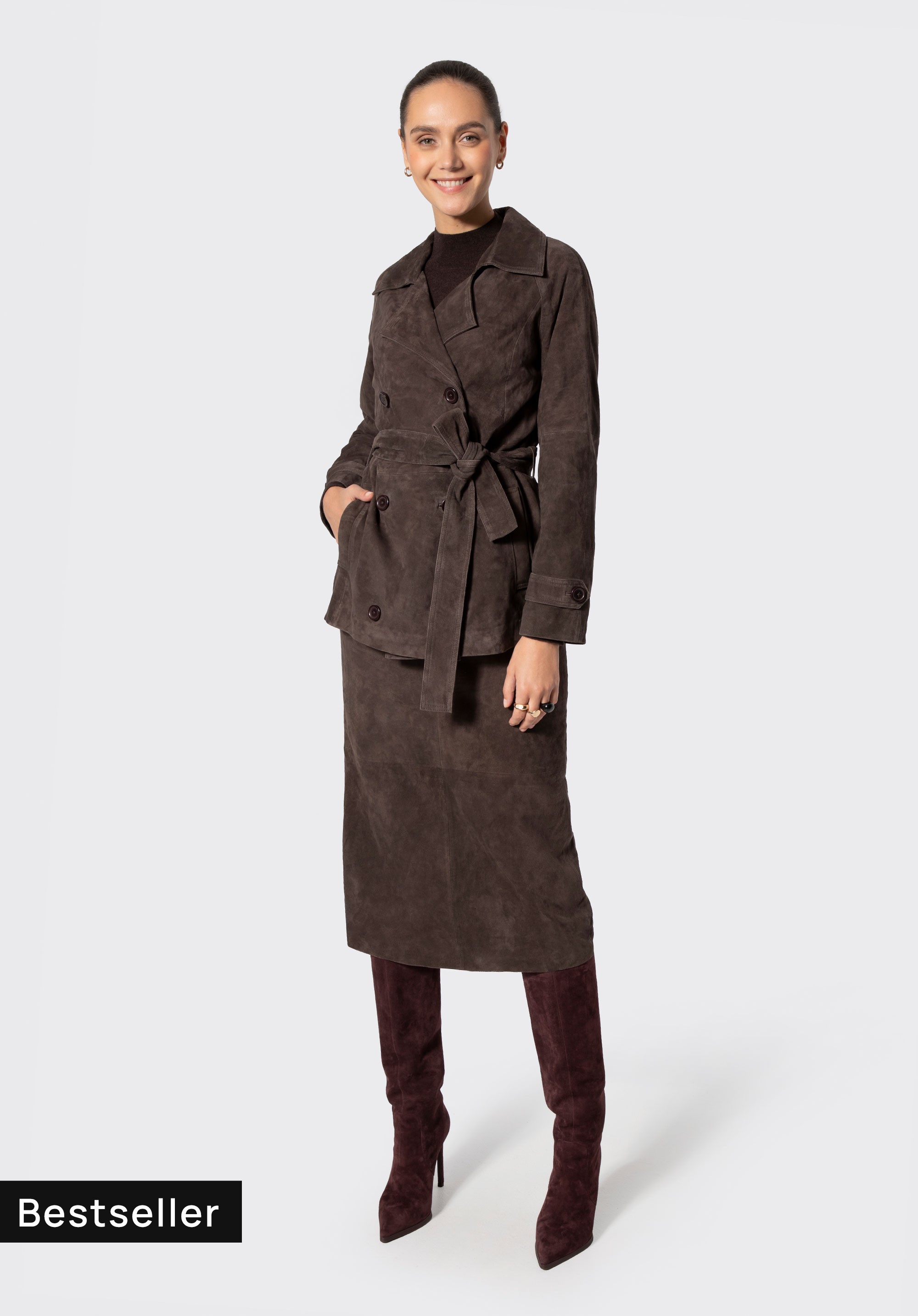 Women's short double-breasted suede coat, dark brown, 103-09-401-4-XL, Photo 1