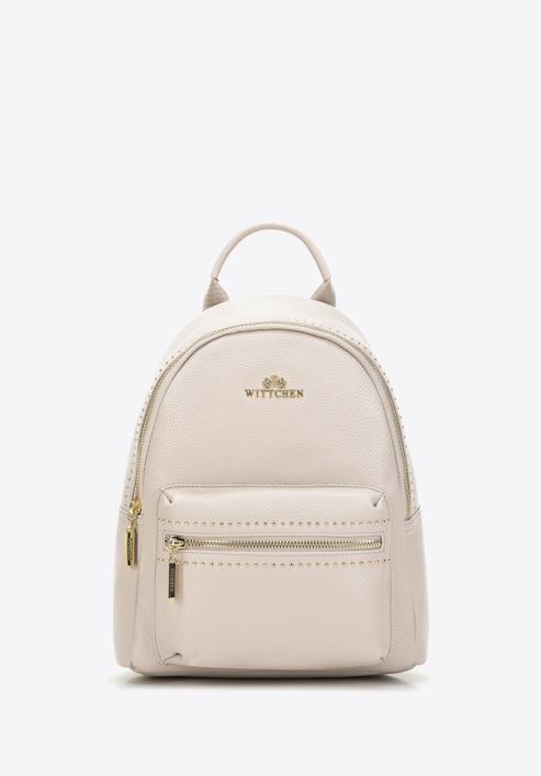 Women's small leather studded backpack, cream, 98-4E-607-9, Photo 1