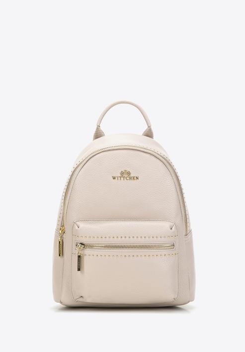 Women's small leather studded backpack, light beige, 98-4E-607-0, Photo 1