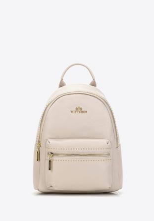 Women's small leather studded backpack, light beige, 98-4E-607-9, Photo 1