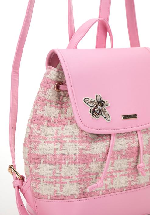 Women's boucle tweed backpack purse with crystal insect embellishment, beige-pink, 98-4Y-209-R, Photo 4