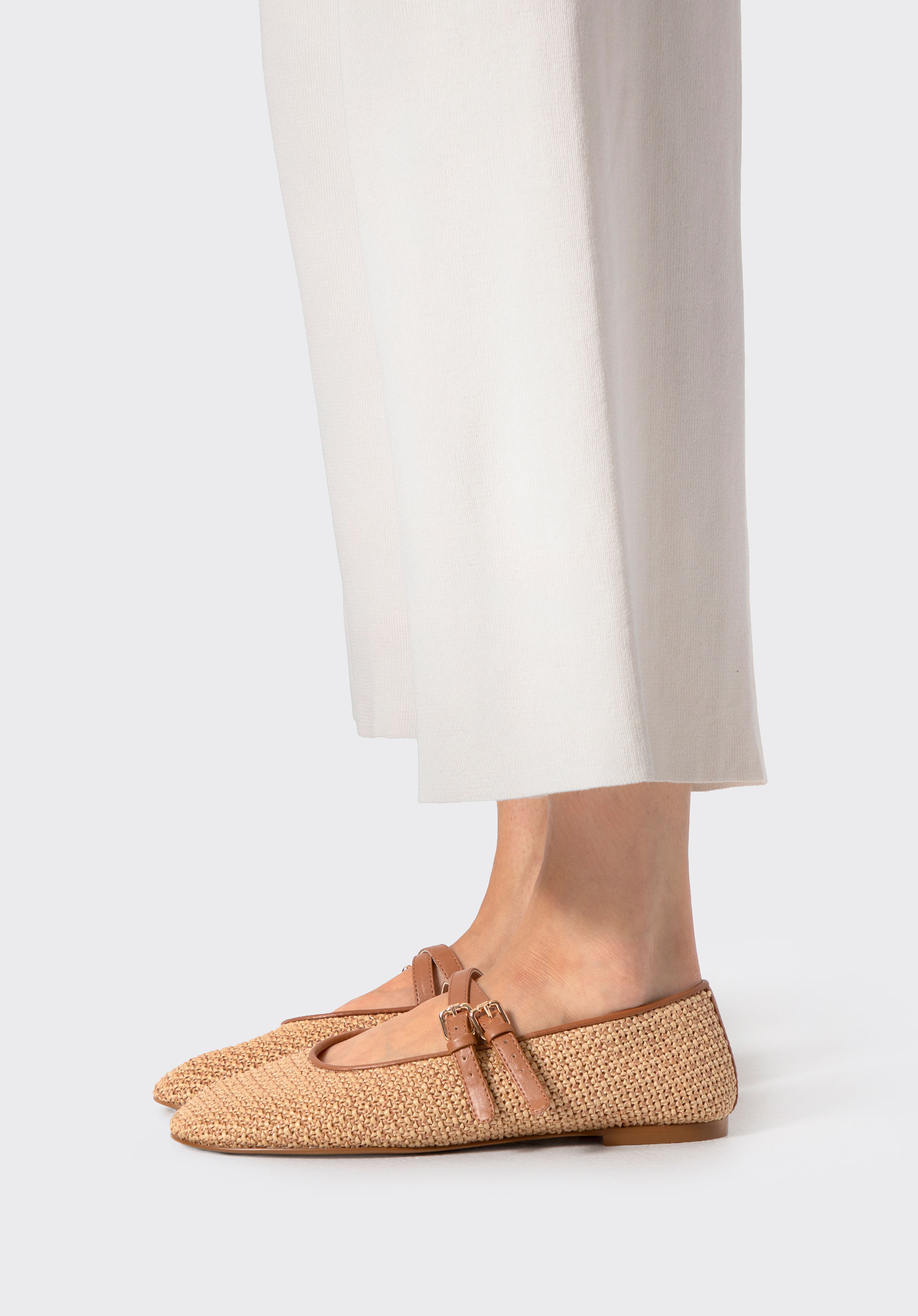 Braided faux leather and faux raffia ballerina shoes, brown, 100-DP-352-4-39, Photo 1