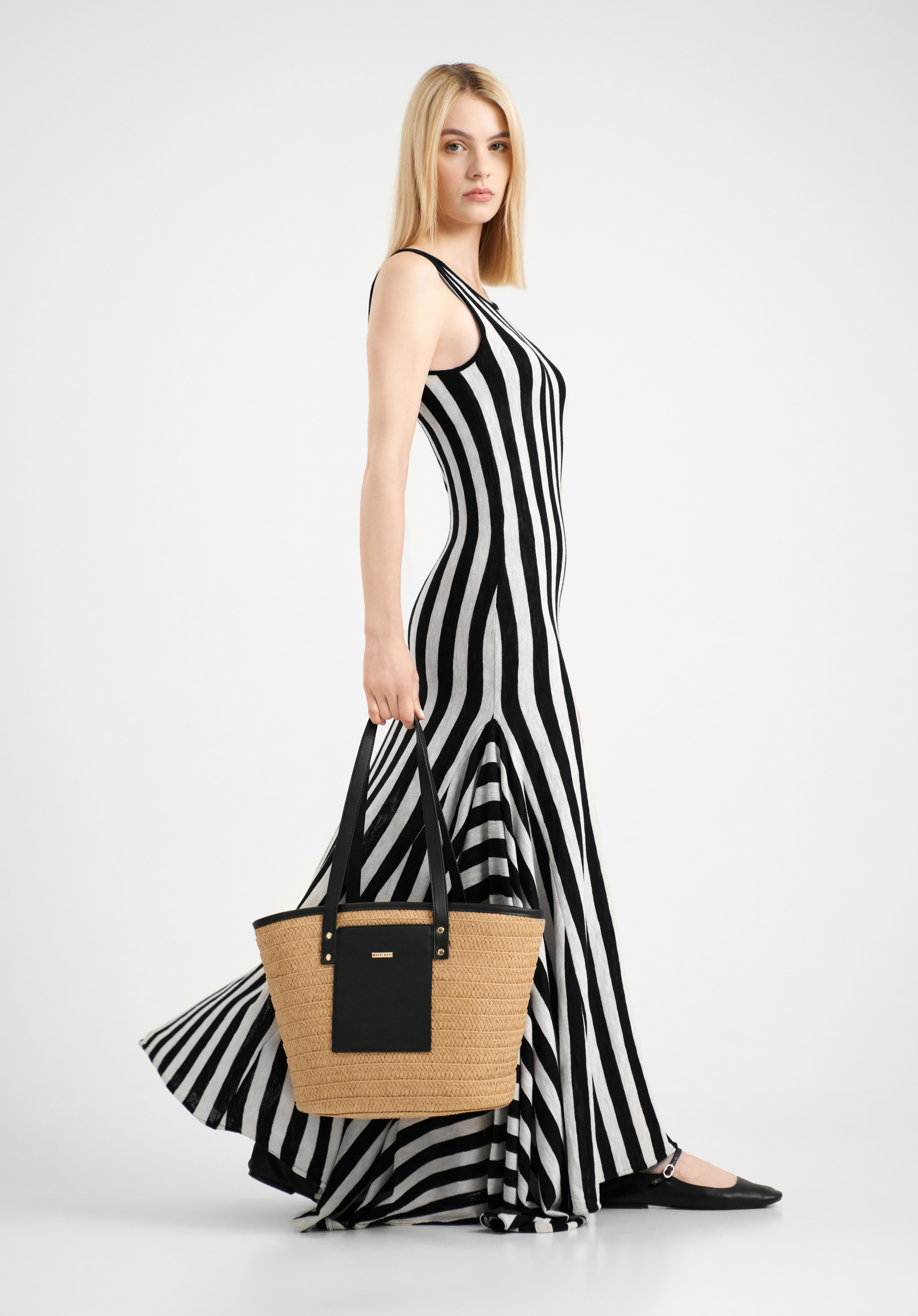 Pleciony koszyk z detalem z ekoskóry, beżowo-czarny, 100-4Y-905-91, Zdjęcie 1