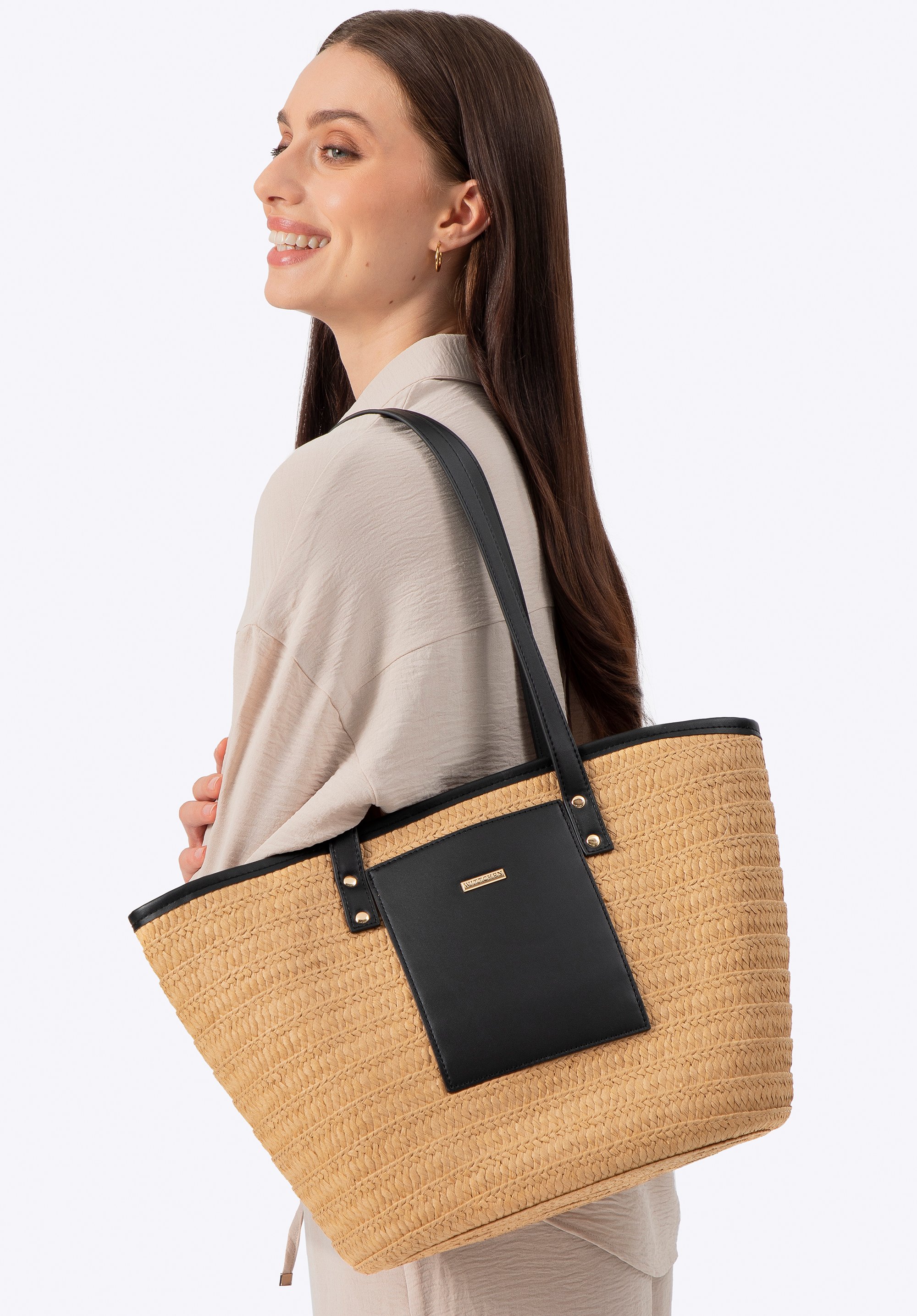 Braided paper straw basket, beige-black, 100-4Y-905-91, Photo 1