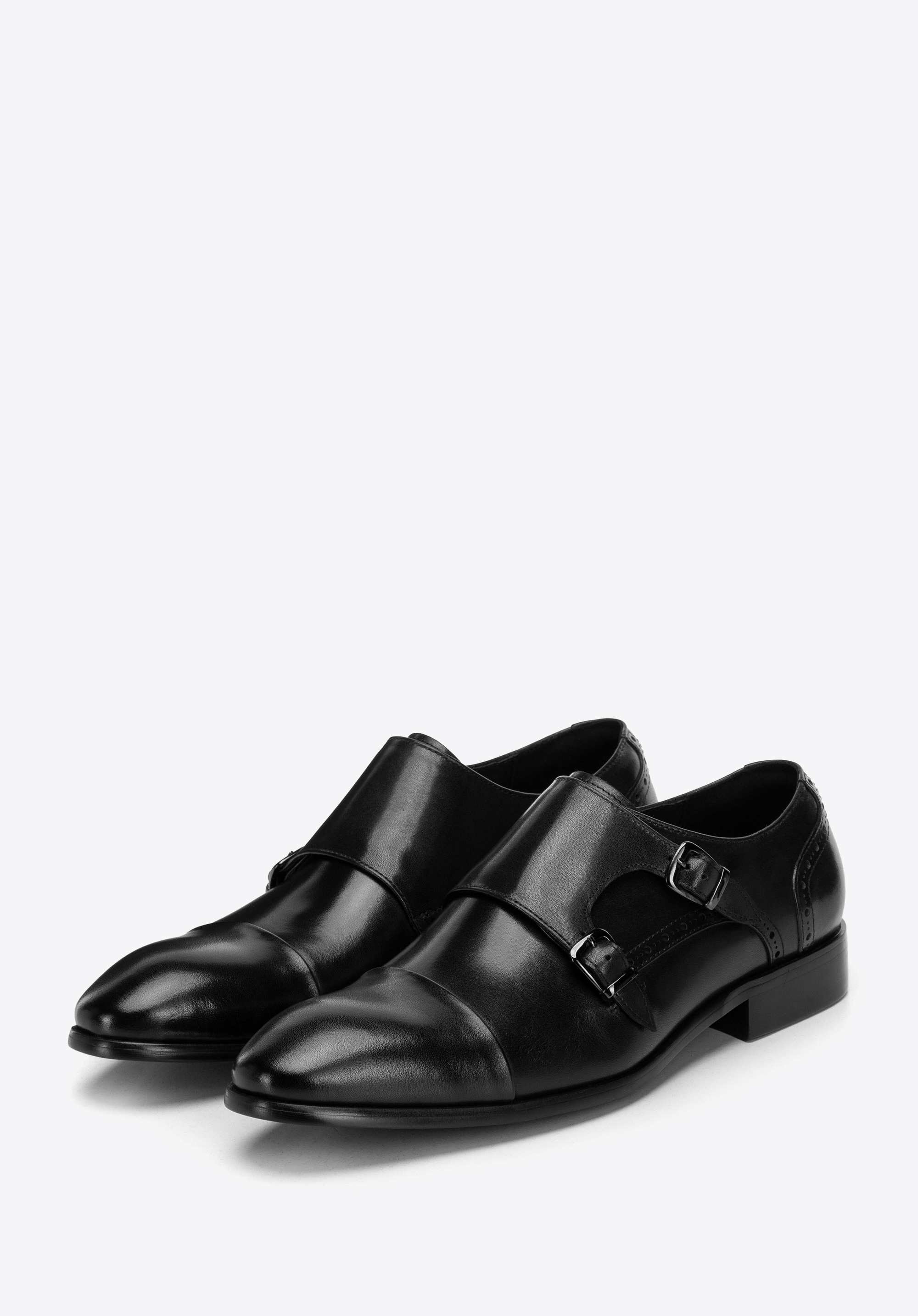 Men's leather double monk strap shoes, black, 103-M-505-1-46, Photo 1