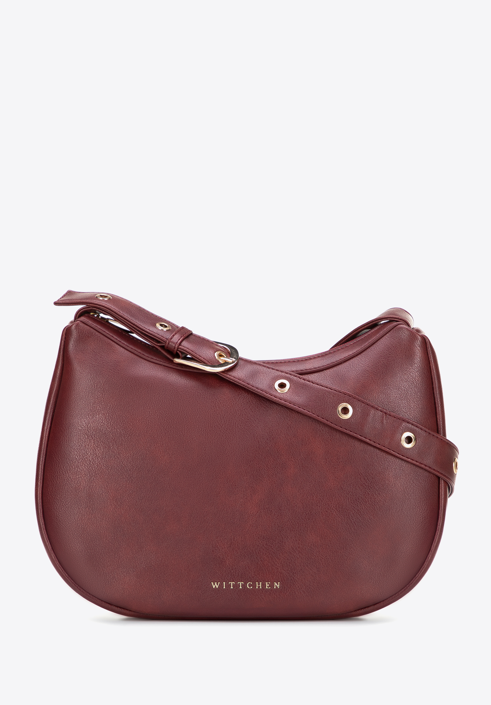 Półokrągła listonoszka z imitacji skóry, bordowy, 101-4Y-432-3, Zdjęcie 1