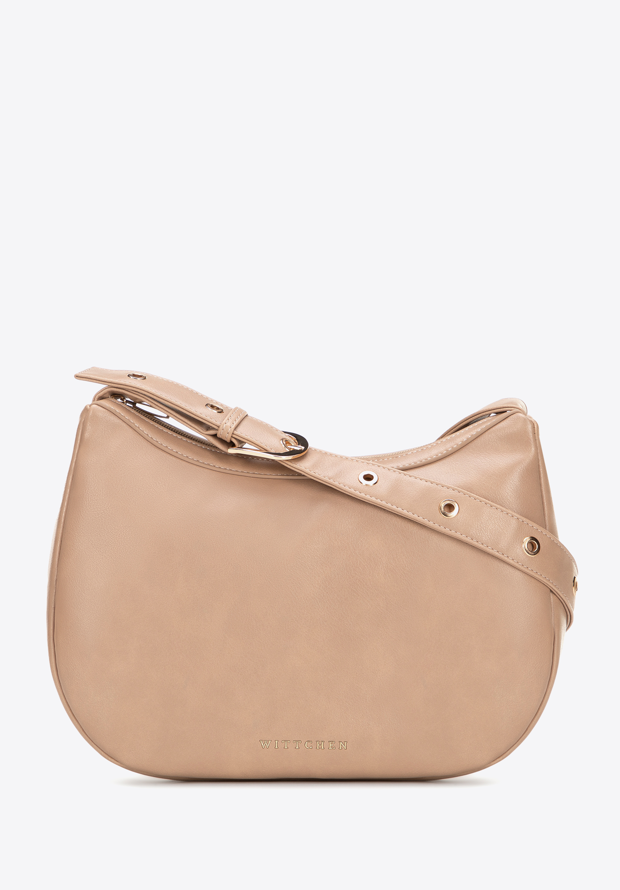 Półokrągła listonoszka z imitacji skóry, beżowy, 101-4Y-432-9, Zdjęcie 1