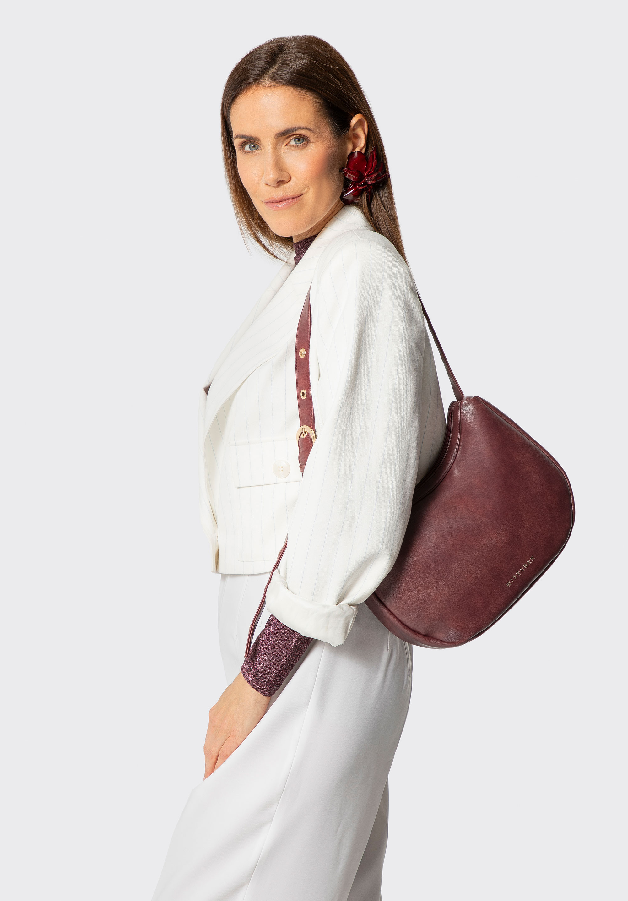 Półokrągła listonoszka z imitacji skóry, bordowy, 101-4Y-432-3, Zdjęcie 1