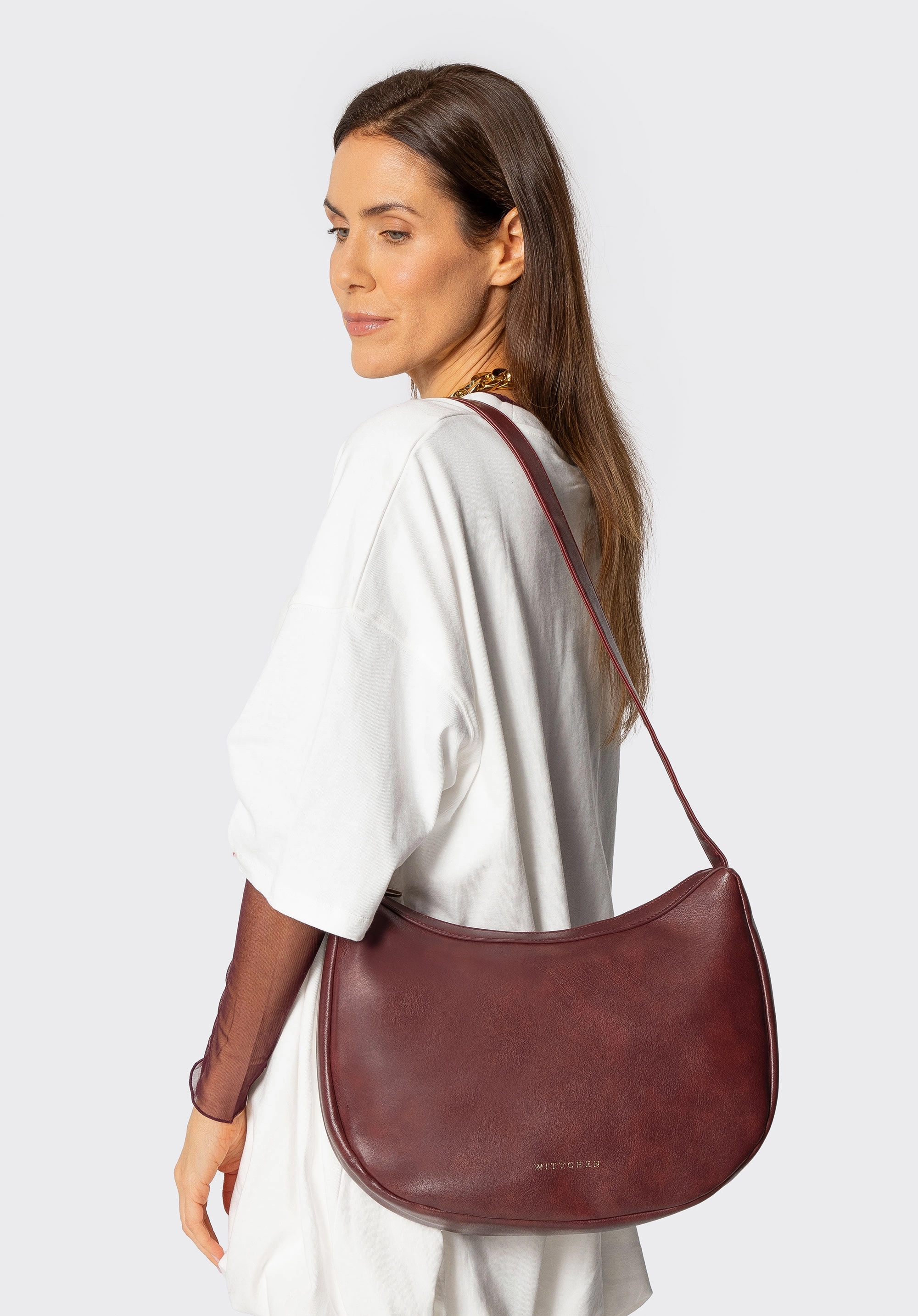 Półokrągła torebka na ramię z imitacji skóry, bordowy, 101-4Y-431-3, Zdjęcie 1