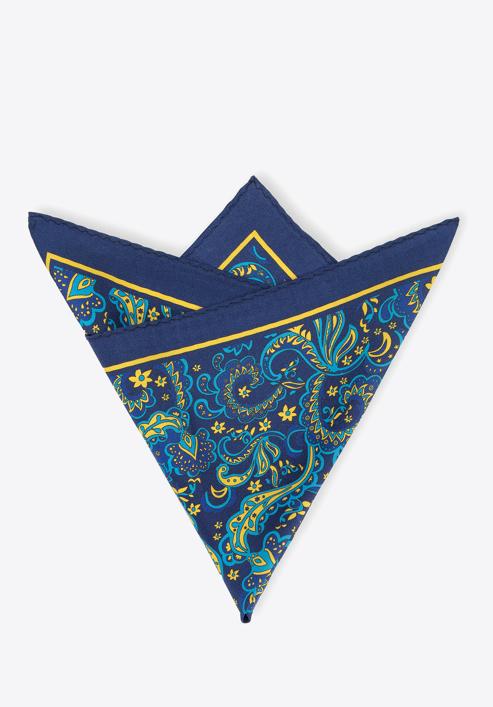 Patterned silk pocket square, navy blue-yellow, 96-7P-001-X1, Photo 2