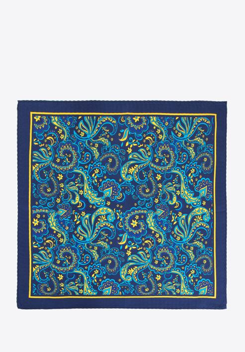 Patterned silk pocket square, navy blue-yellow, 96-7P-001-X1, Photo 3
