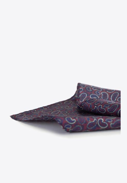 Patterned silk pocket square, burgundy-navy blue, 91-7P-001-X1, Photo 3