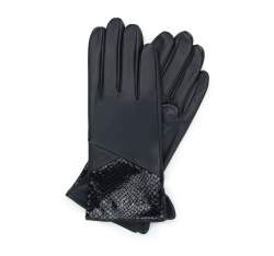 Damskie rękawiczki skórzane ze wstawką o fakturze egzotycznej skóry, czarny, 45-6A-015-2-L, Zdjęcie 1