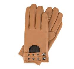 Damskie rękawiczki ze skóry z nitami, camelowy, 46-6-307-LB-L, Zdjęcie 1