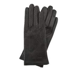 Damskie rękawiczki skórzane z dziurkowanym wzorem, czarny, 45-6-512-1-X, Zdjęcie 1