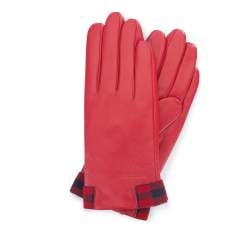 Damskie rękawiczki skórzane ze wstawkami w kratę, czerwono - granatowy, 39-6-642-3-S, Zdjęcie 1
