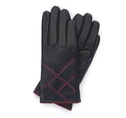 Damskie rękawiczki skórzane z kolorowym rzemieniem, czarny, 39-6-643-1-M, Zdjęcie 1