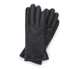 Damskie rękawiczki ze skóry w tłoczone paseczki, czarny, 39-6-652-1-X, Zdjęcie 1