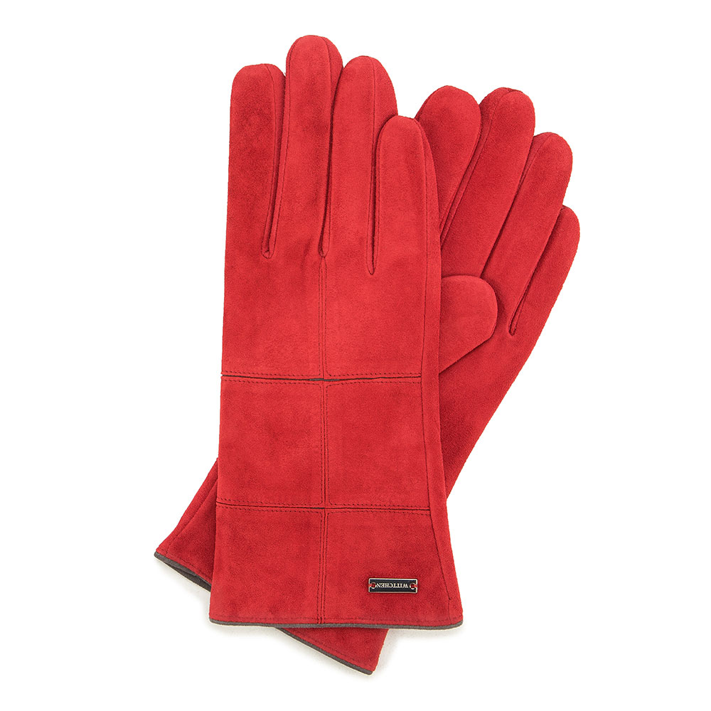 Červené semišové dámske rukavice.