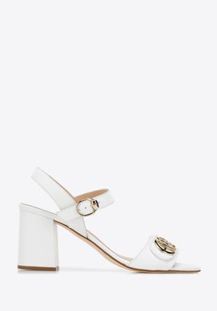 Leather block heel sandals with gold-tone buckle, white, 94-D-109-0-38_5, Photo 1
