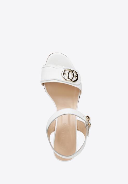 Leather block heel sandals with gold-tone buckle, white, 94-D-109-0-38, Photo 4