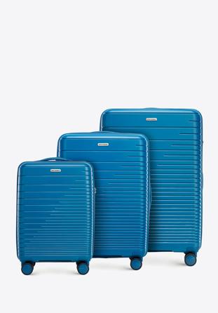 Zestaw walizek z polipropylenu z błyszczącymi paskami niebieski