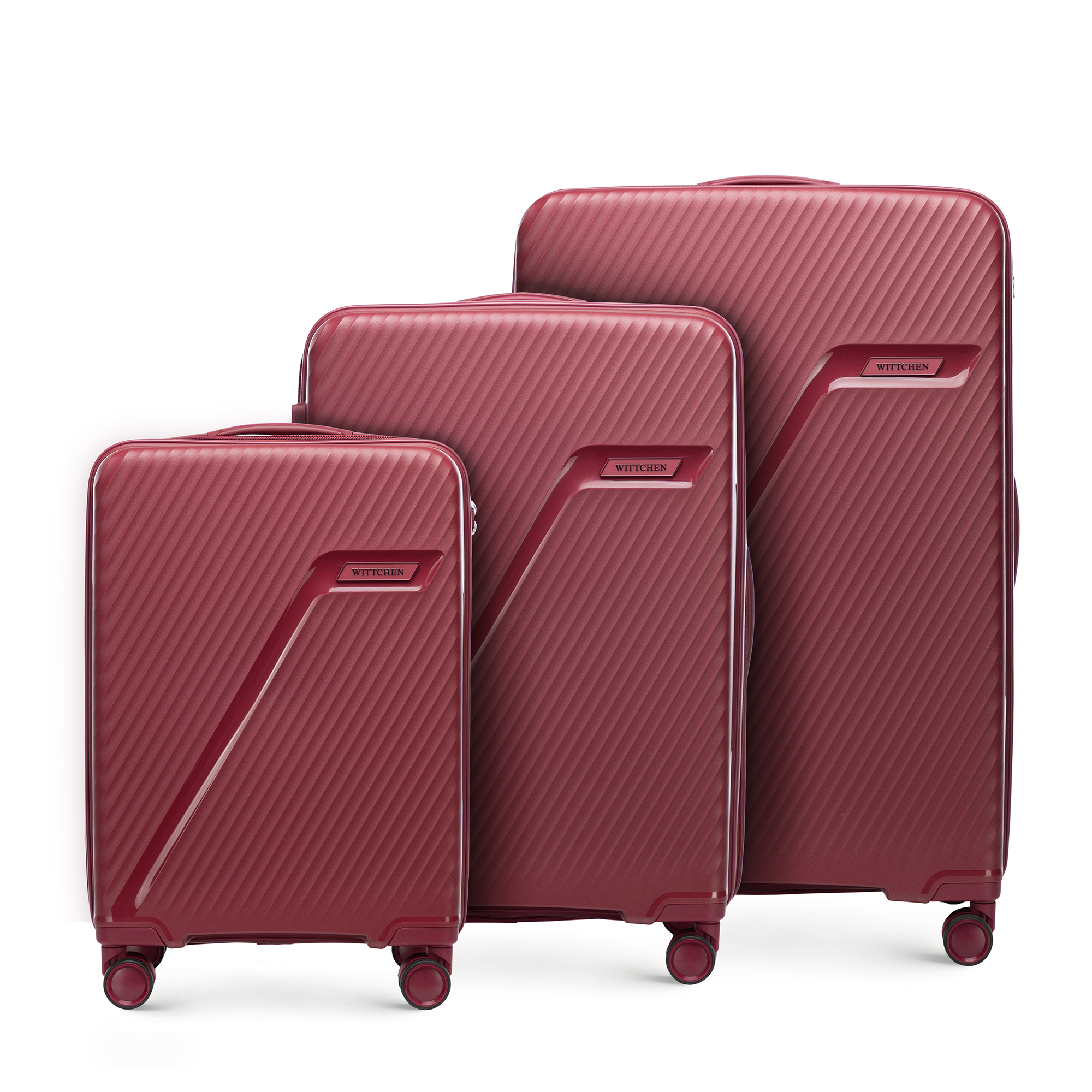 Sada polypropylénových kufrov s diagonálnymi pruhmi, bordová 56-3T-50S-30