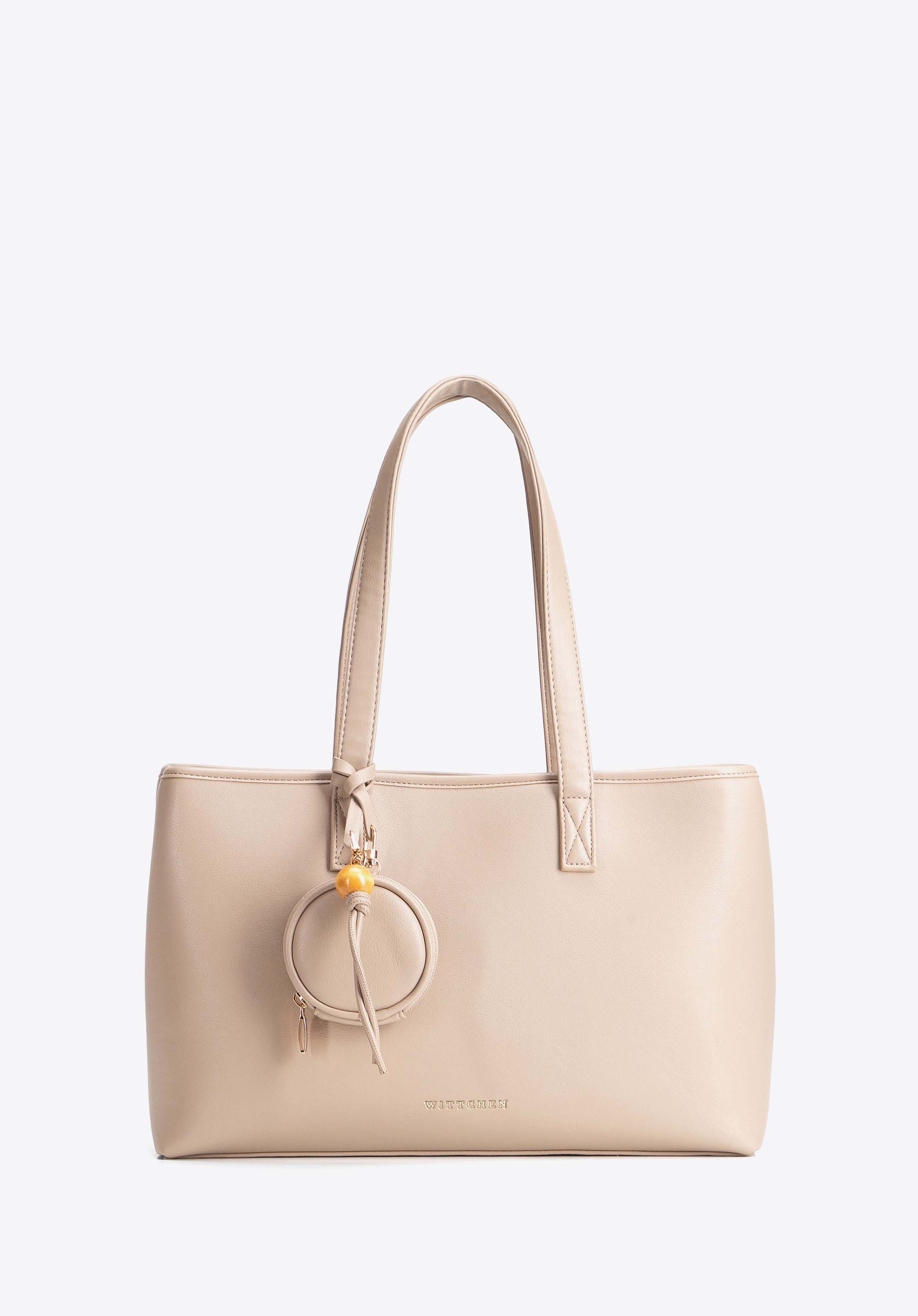 Women's shopper bag with detachable pouch and tassel, beige, 103-4Y-521-9, Photo 1