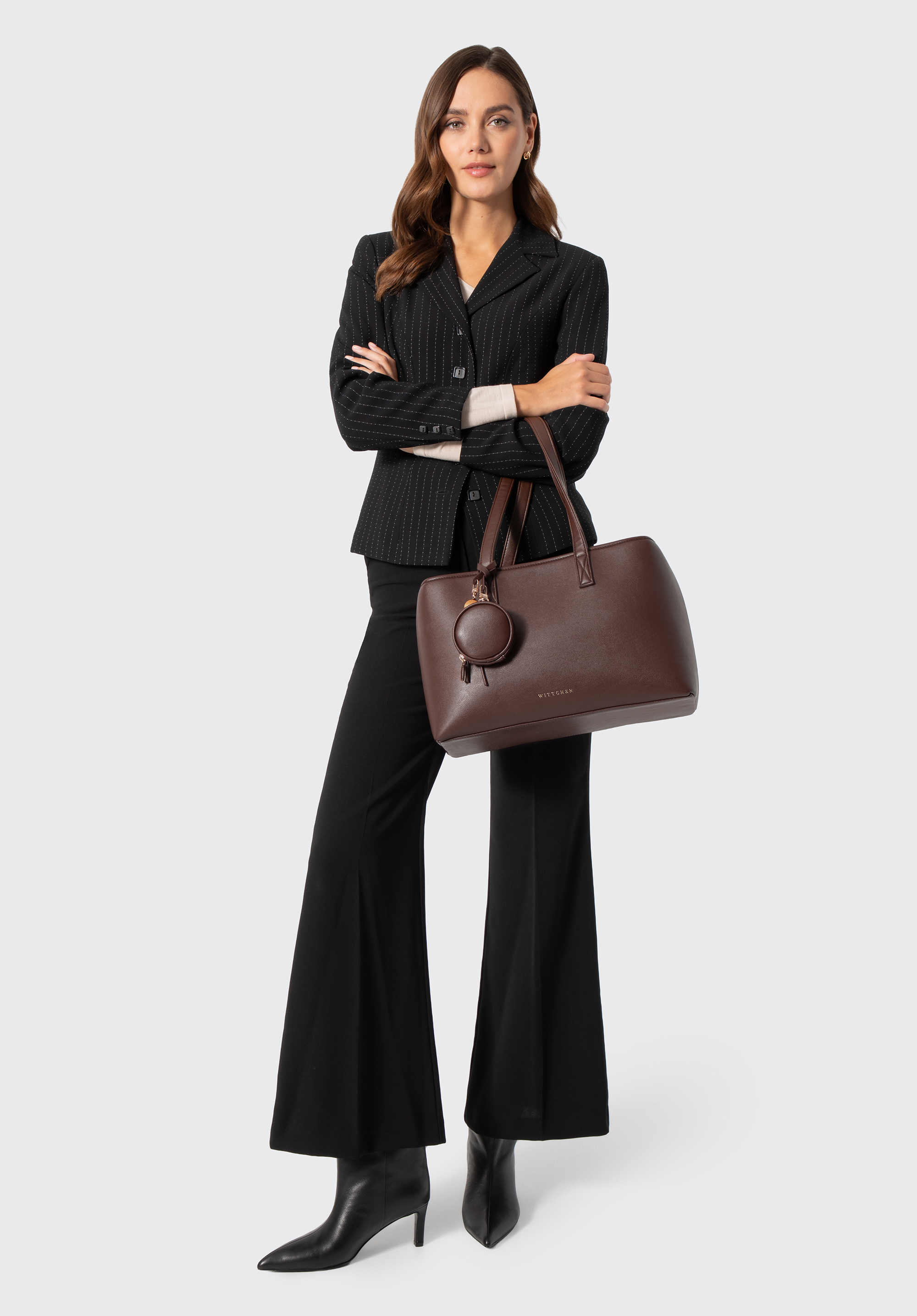 Women's shopper bag with detachable pouch and tassel, dark brown, 103-4Y-521-4, Photo 1
