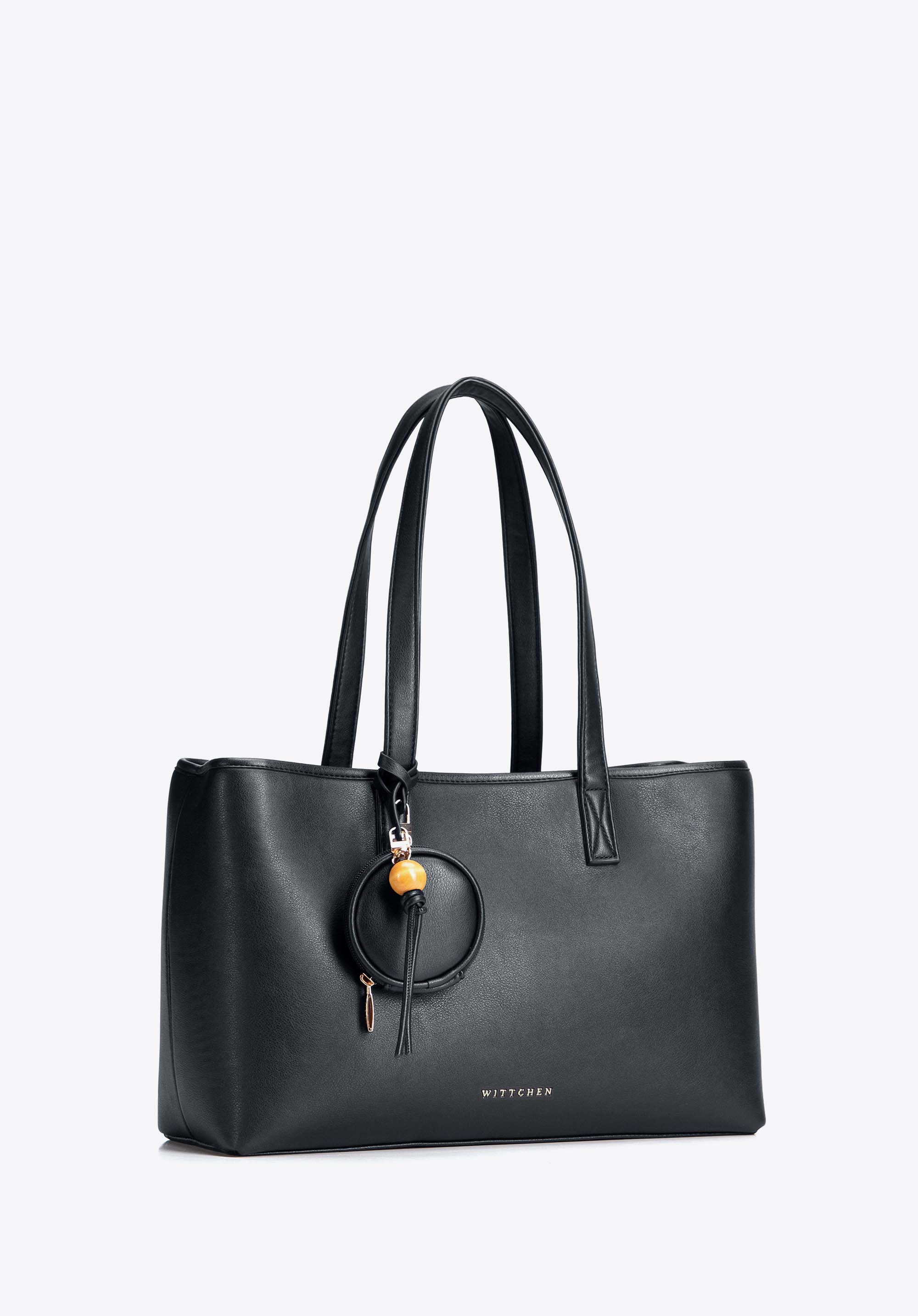 Women's shopper bag with detachable pouch and tassel, black, 103-4Y-521-1, Photo 1
