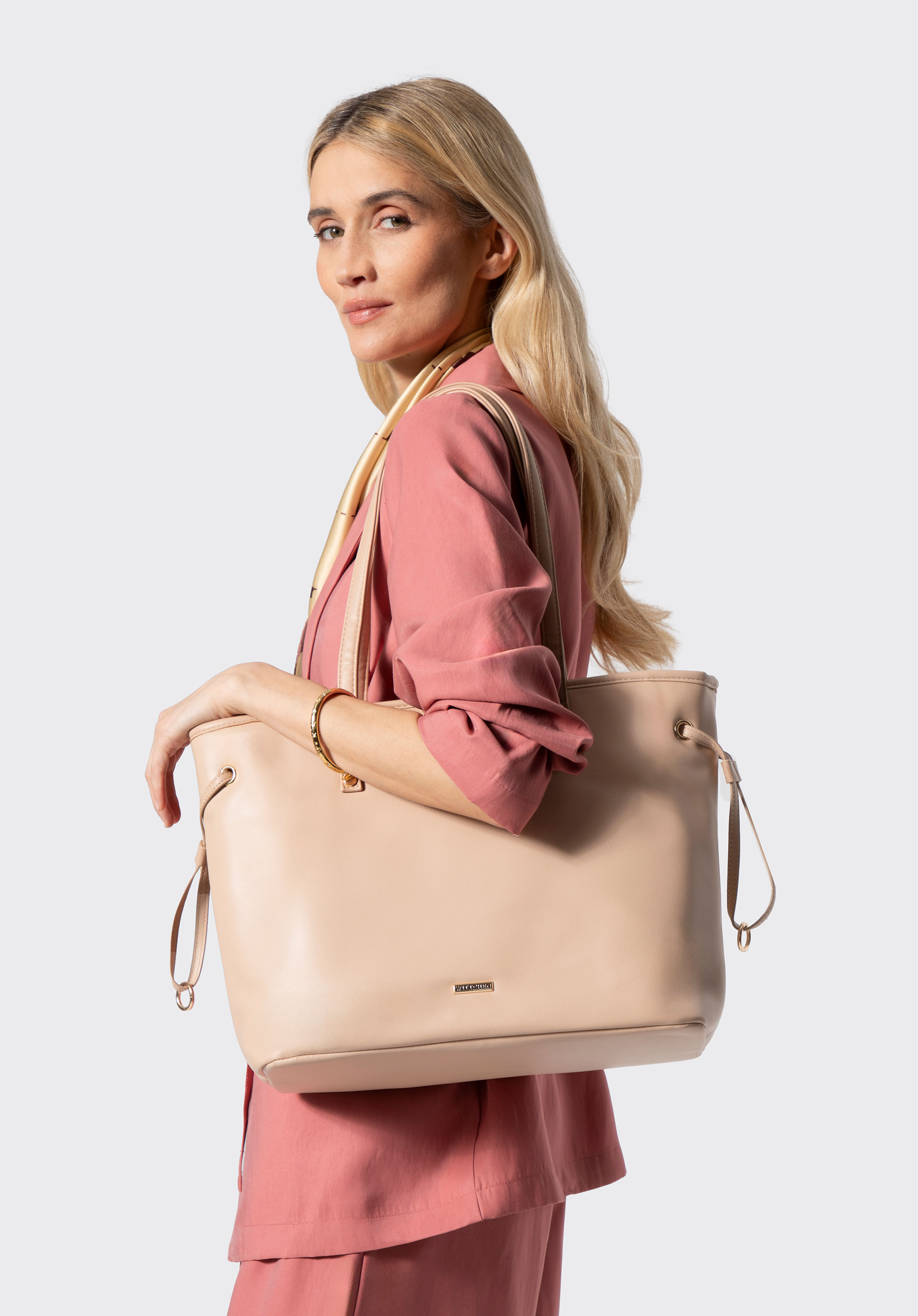 Shopperka z ekoskóry z troczkami, beżowy, 100-4Y-203-9, Zdjęcie 1