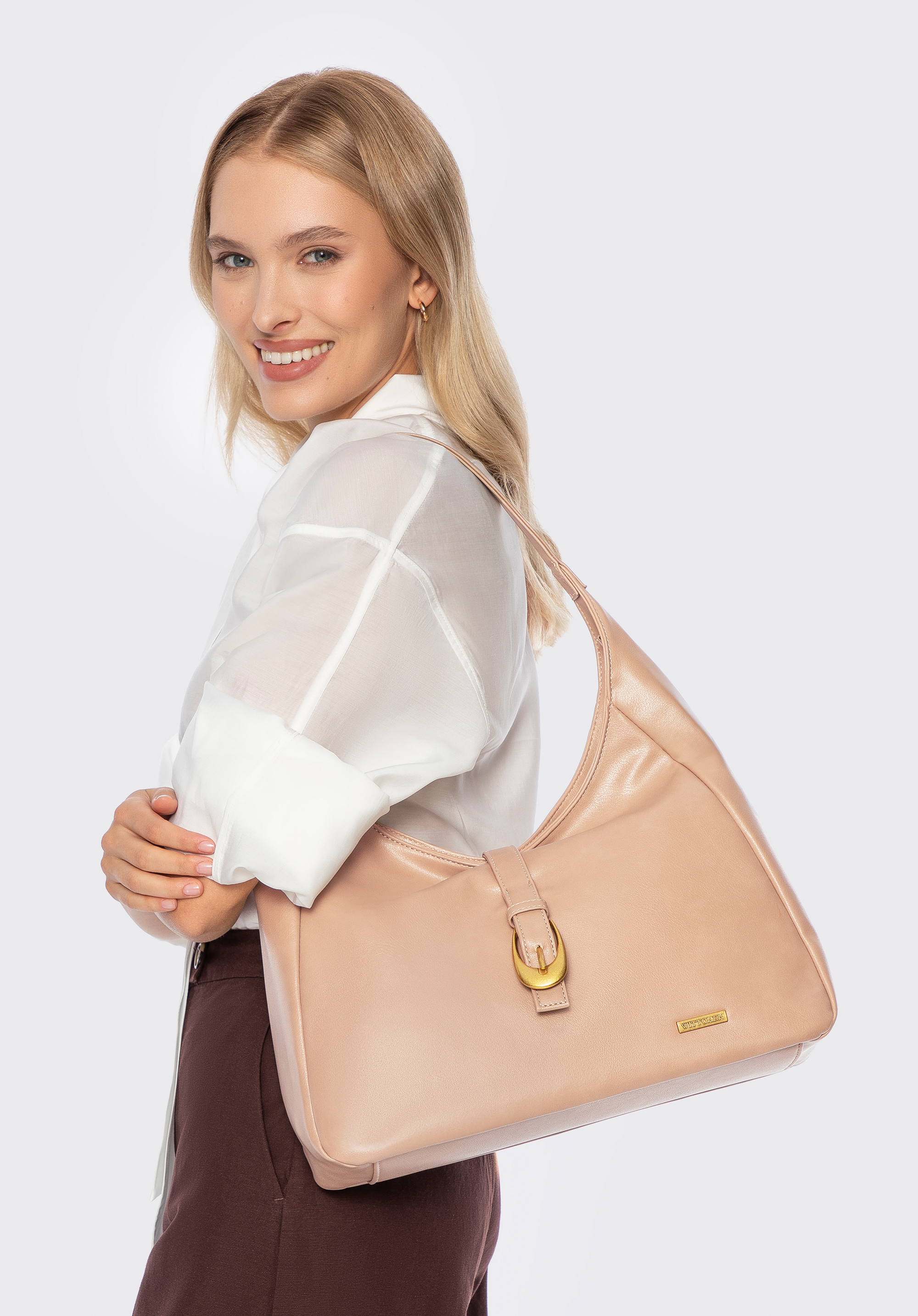 Shopperka z imitacji skóry z dekoracyjnym paskiem, beżowy, 101-4Y-424-9, Zdjęcie 1