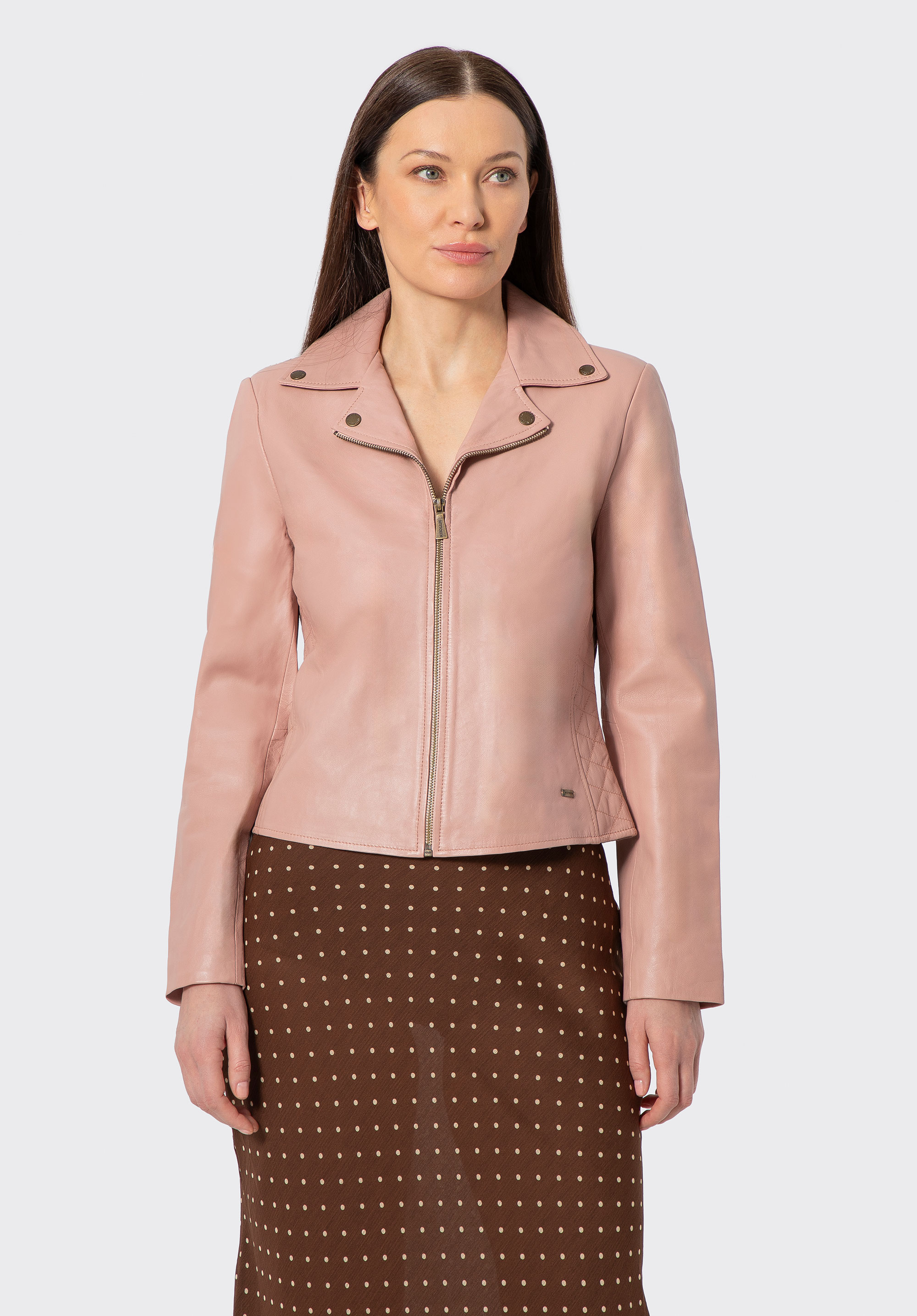 Women's leather jacket with stitching, pink, 100-09-805-P-L, Photo 1