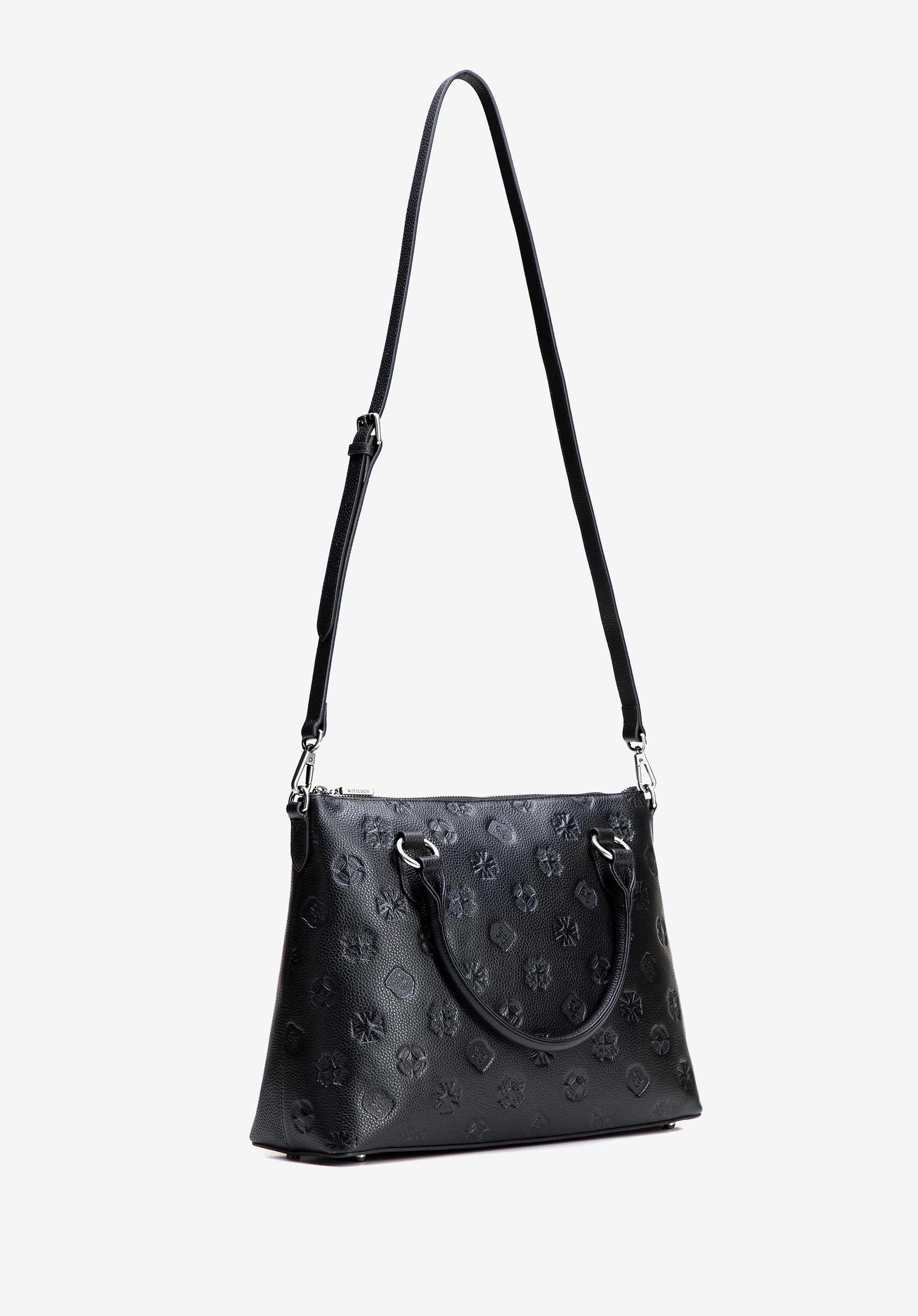 Leather shopper bag with embossed signature, black-silver, 100-4E-624-1S, Photo 1