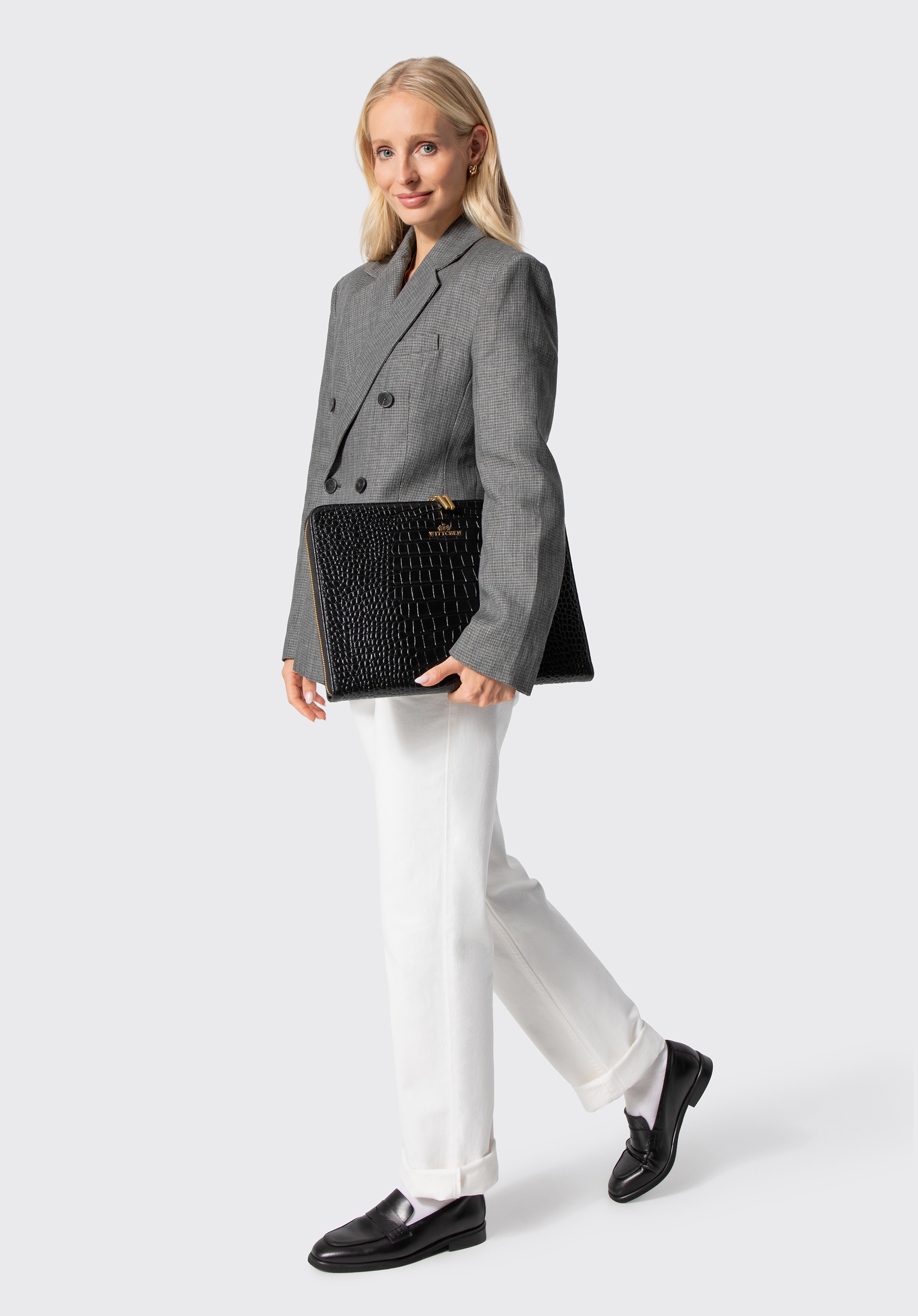 Croc-embossed leather laptop bag 15", black, 103-2E-612-1, Photo 1