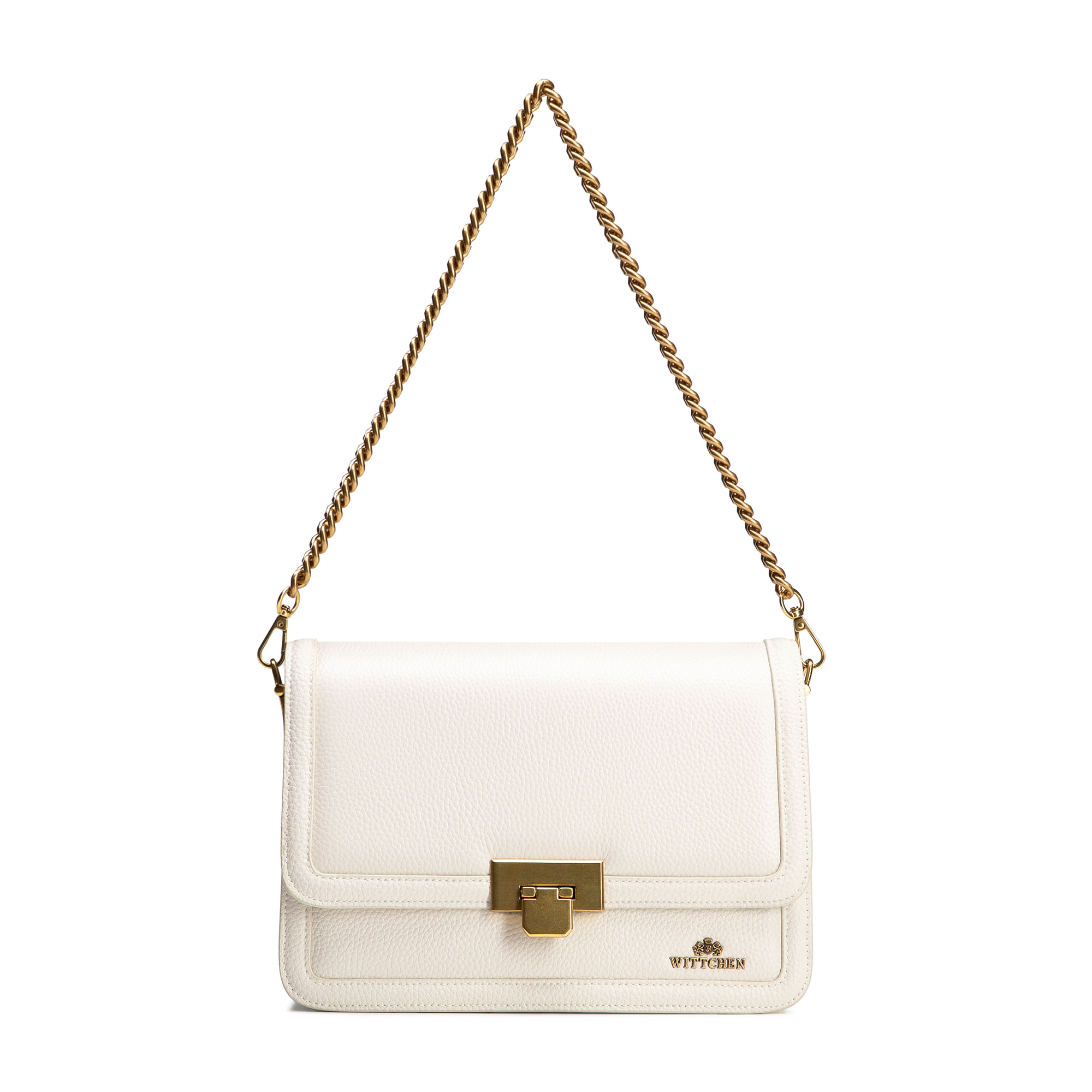 Kožená kabelka crossbody s retiazkou krémová 100-4E-206-0