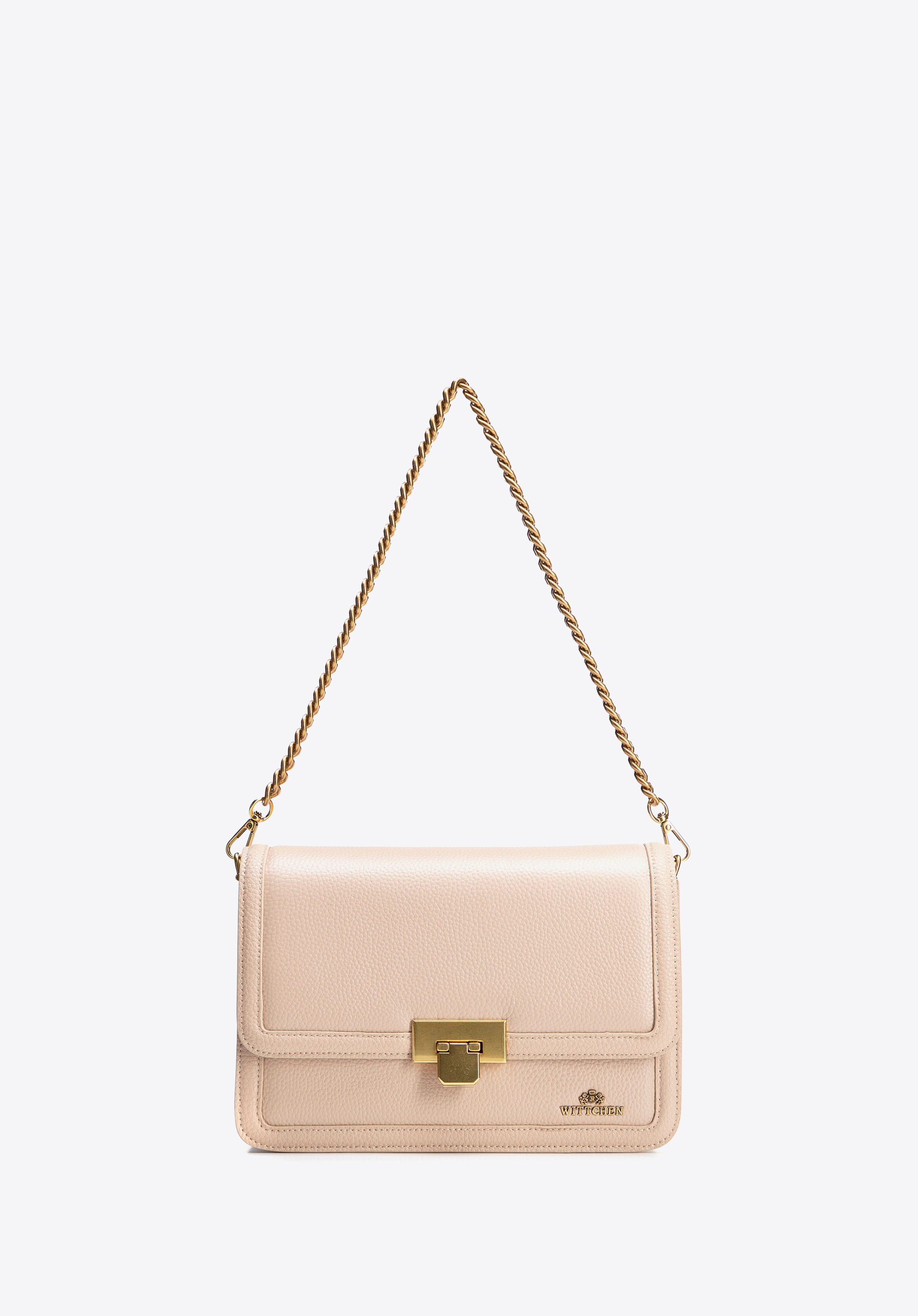 Skórzana torebka crossbody z łańcuszkiem, beżowy, 100-4E-206-9, Zdjęcie 1