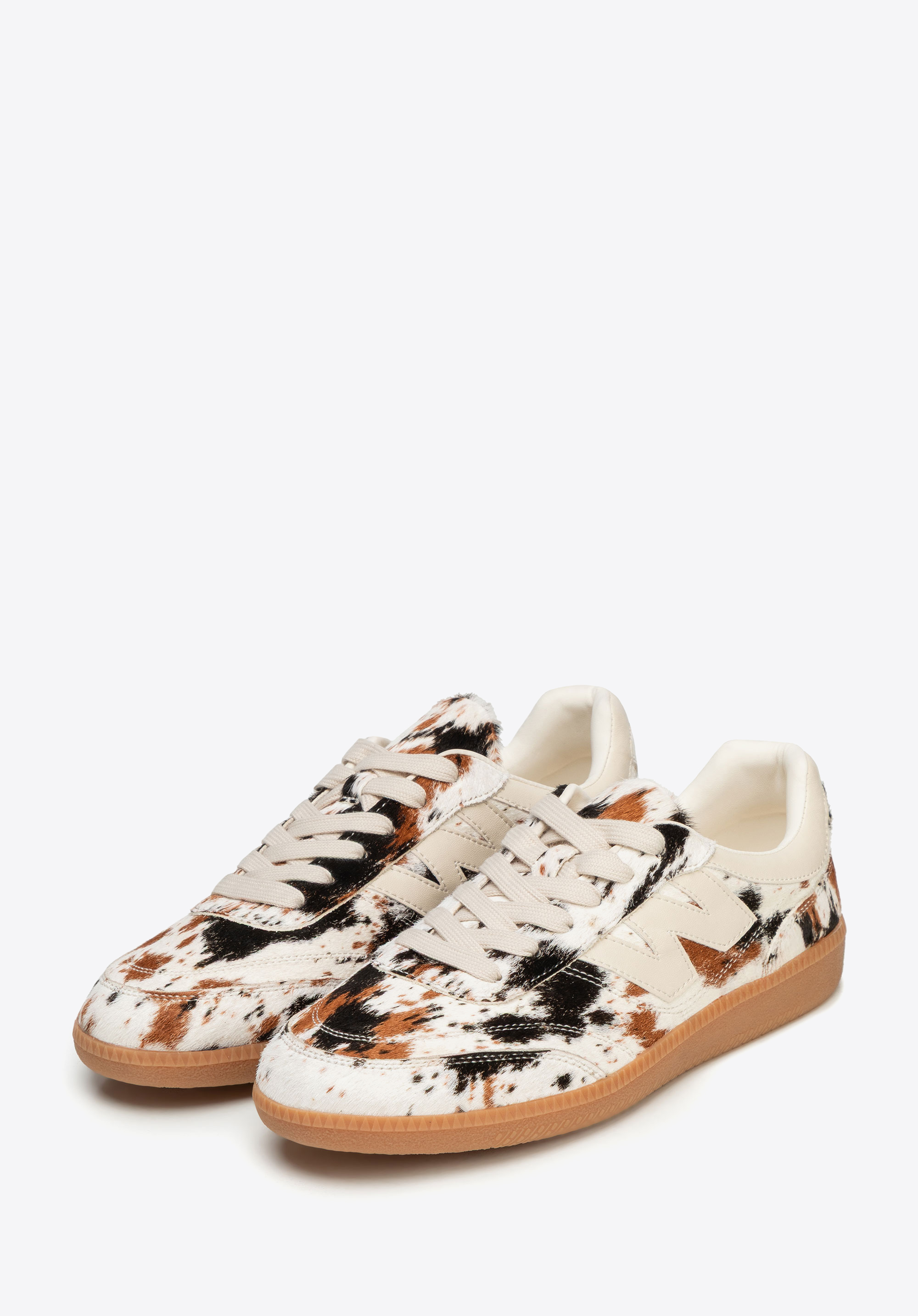 Skórzane damskie sneakersy z naturalnym włosiem, kremowo-brązowy, 102-D-360-1-35, Zdjęcie 1