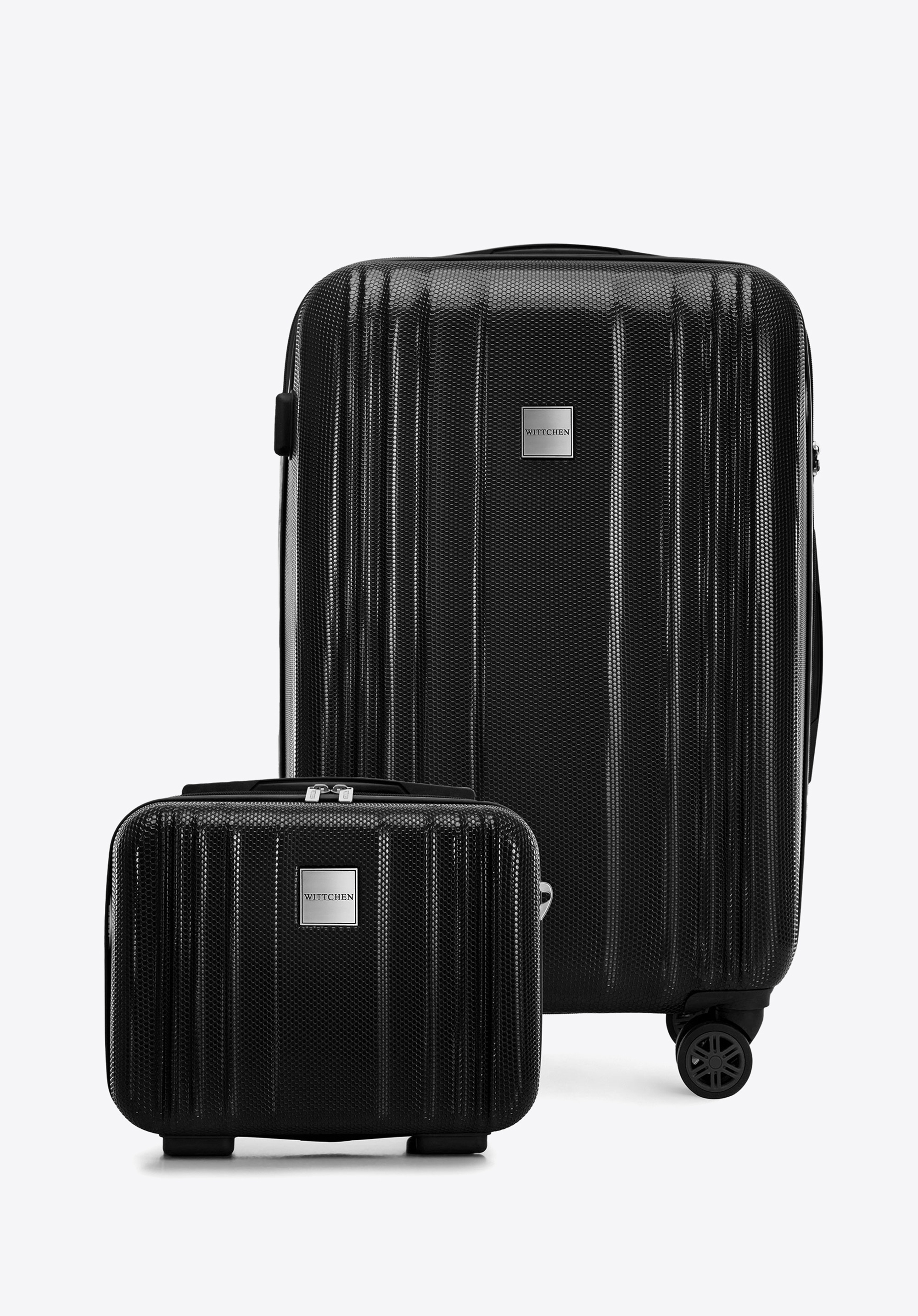 Medium suitcase and cosmetic case in embossed polycarbonate, black, 56-3P-302-10K, Photo 1