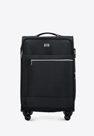 Średnia walizka miękka z błyszczącym suwakiem z przodu, czarny, 56-3S-852-10, Zdjęcie 1