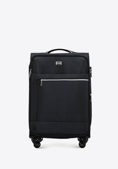 Średnia walizka miękka z błyszczącym suwakiem z przodu, czarny, 56-3S-852-10, Zdjęcie 1
