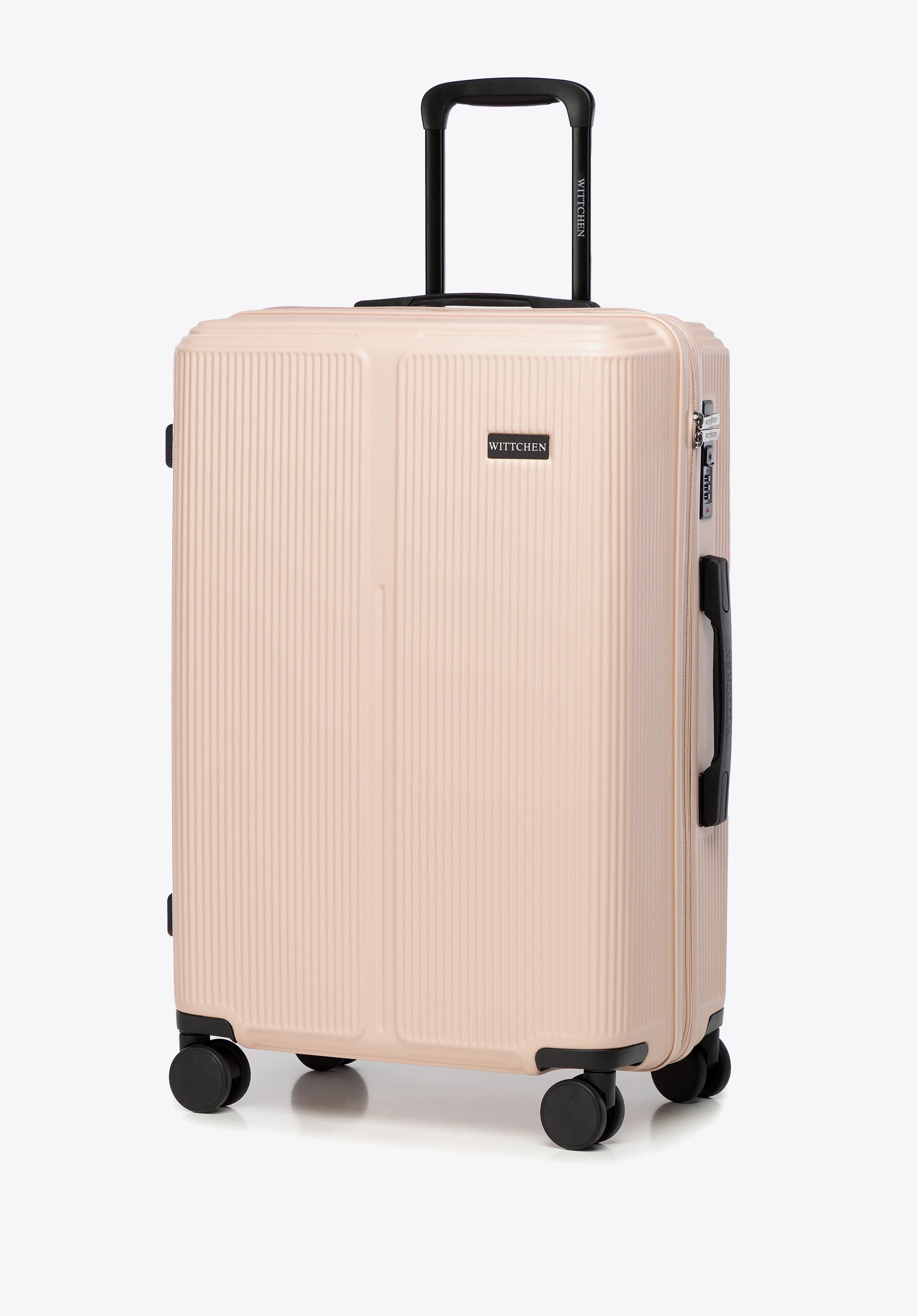 Medium powder pink striped ABS suitcase