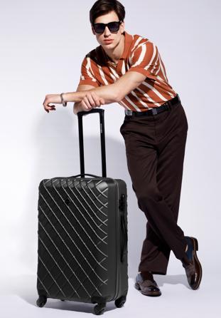 Średnia walizka z ABS-u w ukośną kratkę, stalowo-czarny, 56-3A-552-11, Zdjęcie 1