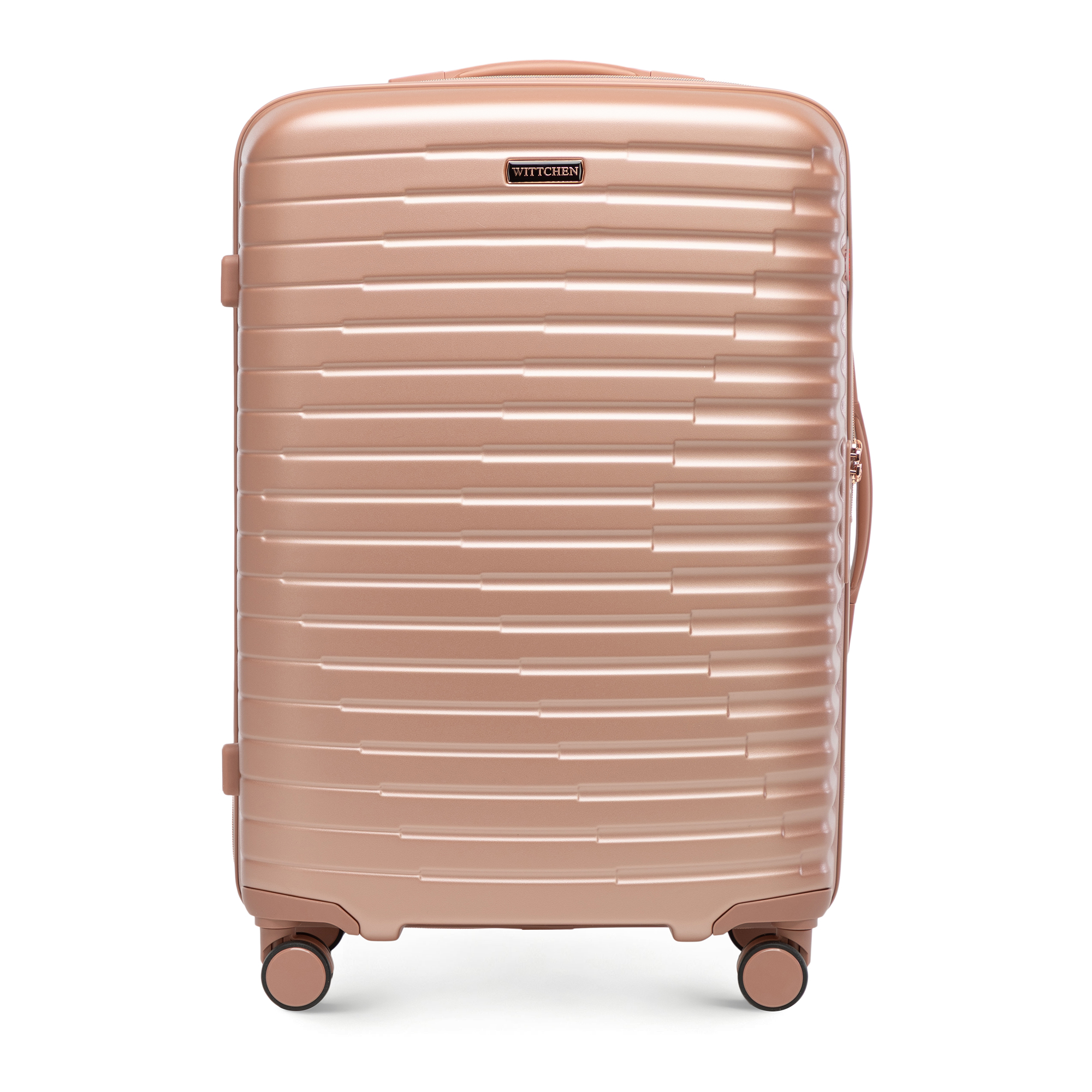 Stredný polykarbonátový kufor s ružovo-zlatým horizontálnym rebrovaním 56-3P-612-77G