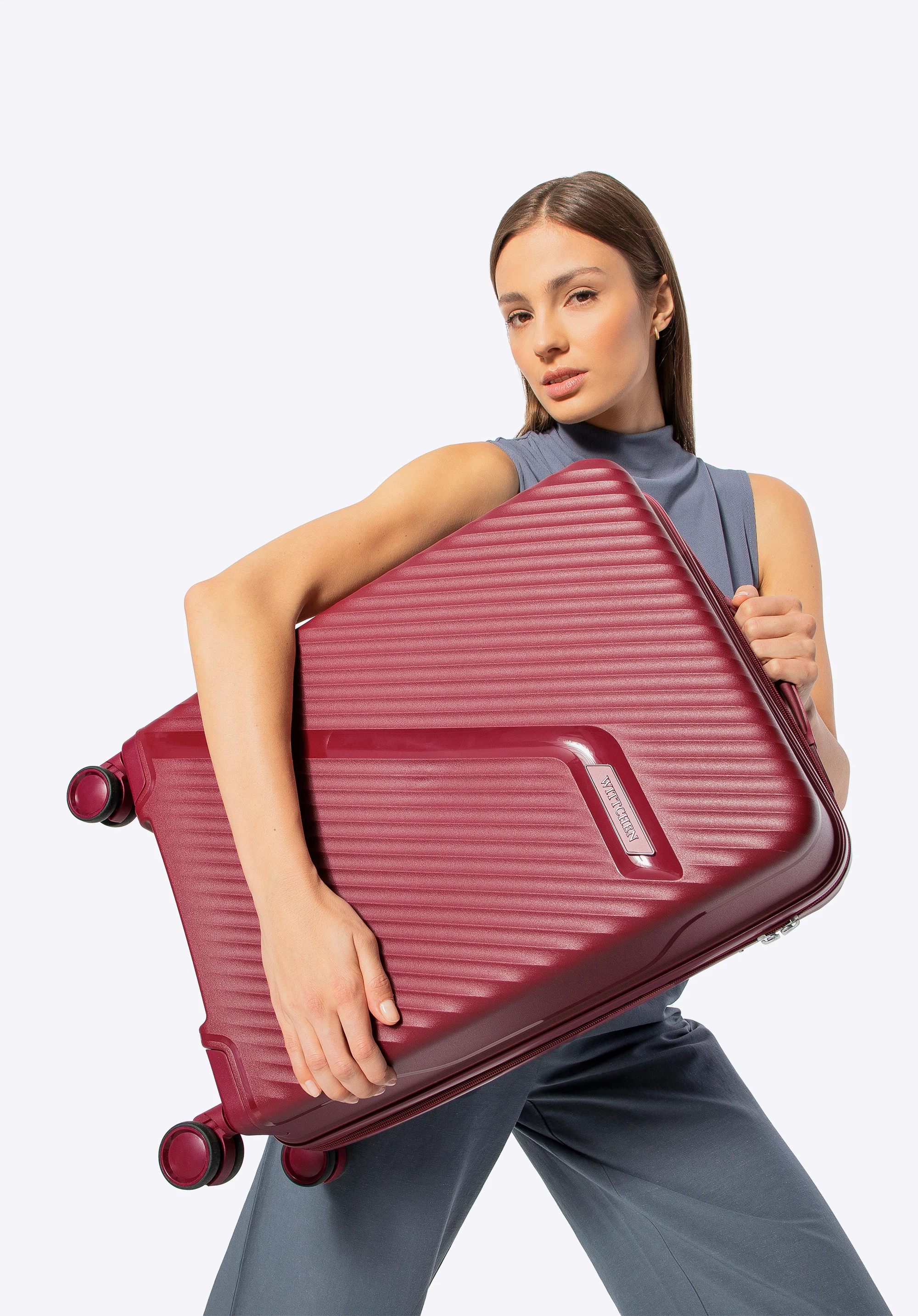 Medium polypropylene suitcase with diagonal pattern, burgundy, 56-3T-502-30, Photo 1