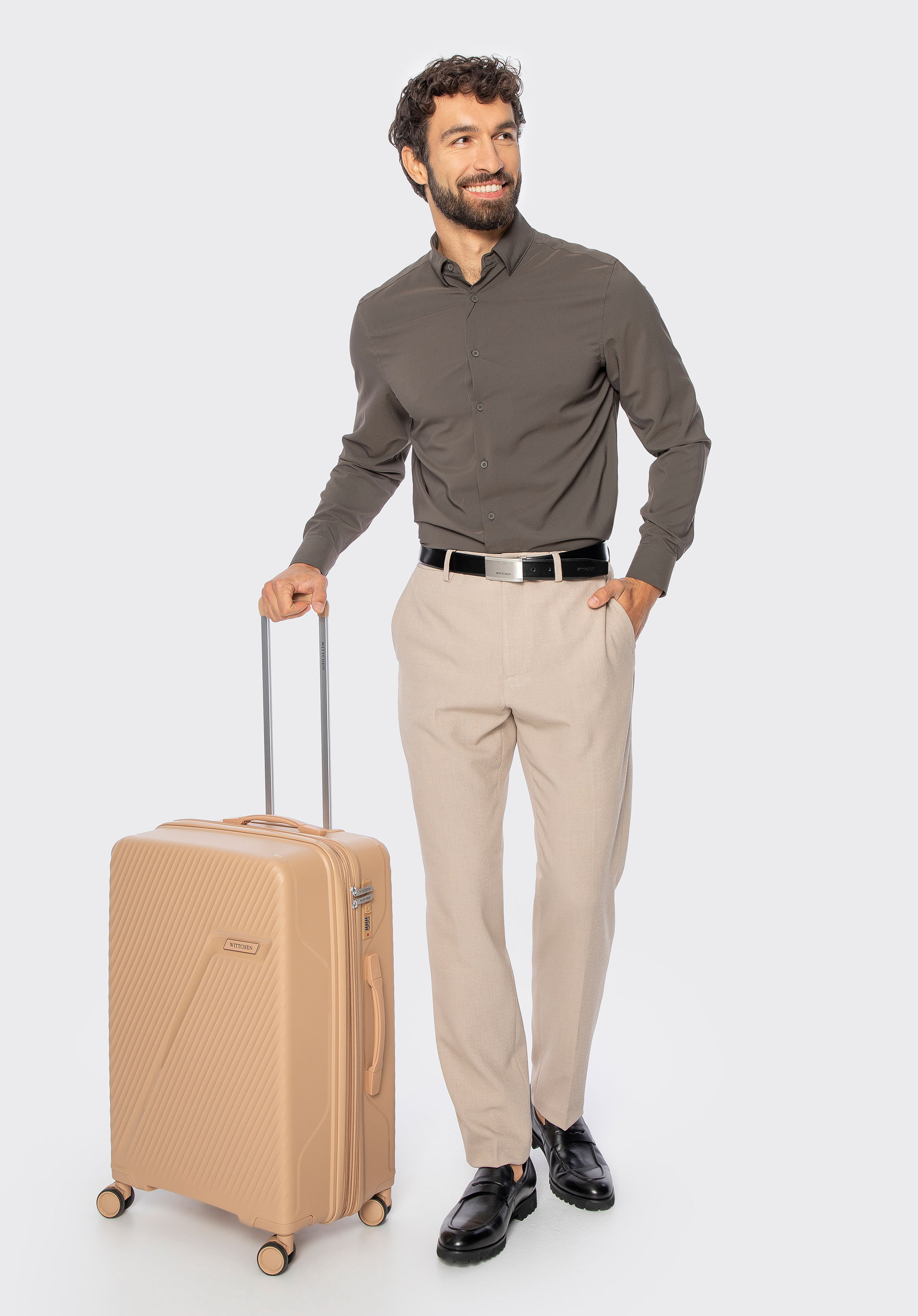 Medium polypropylene suitcase with diagonal pattern, beige, 56-3T-502-86, Photo 1