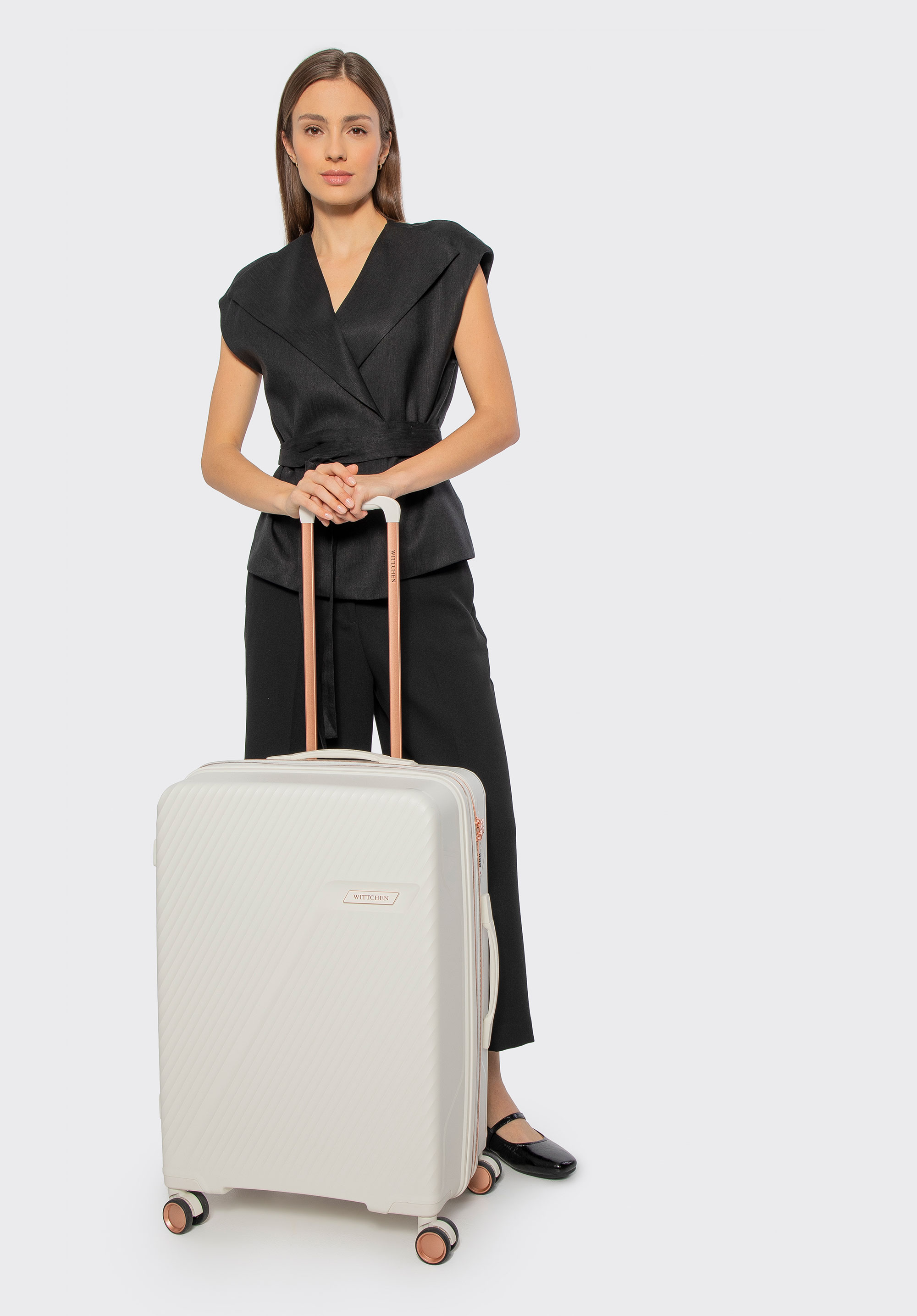 Medium polypropylene suitcase with diagonal pattern, cream-gold, 56-3T-502-89G, Photo 1