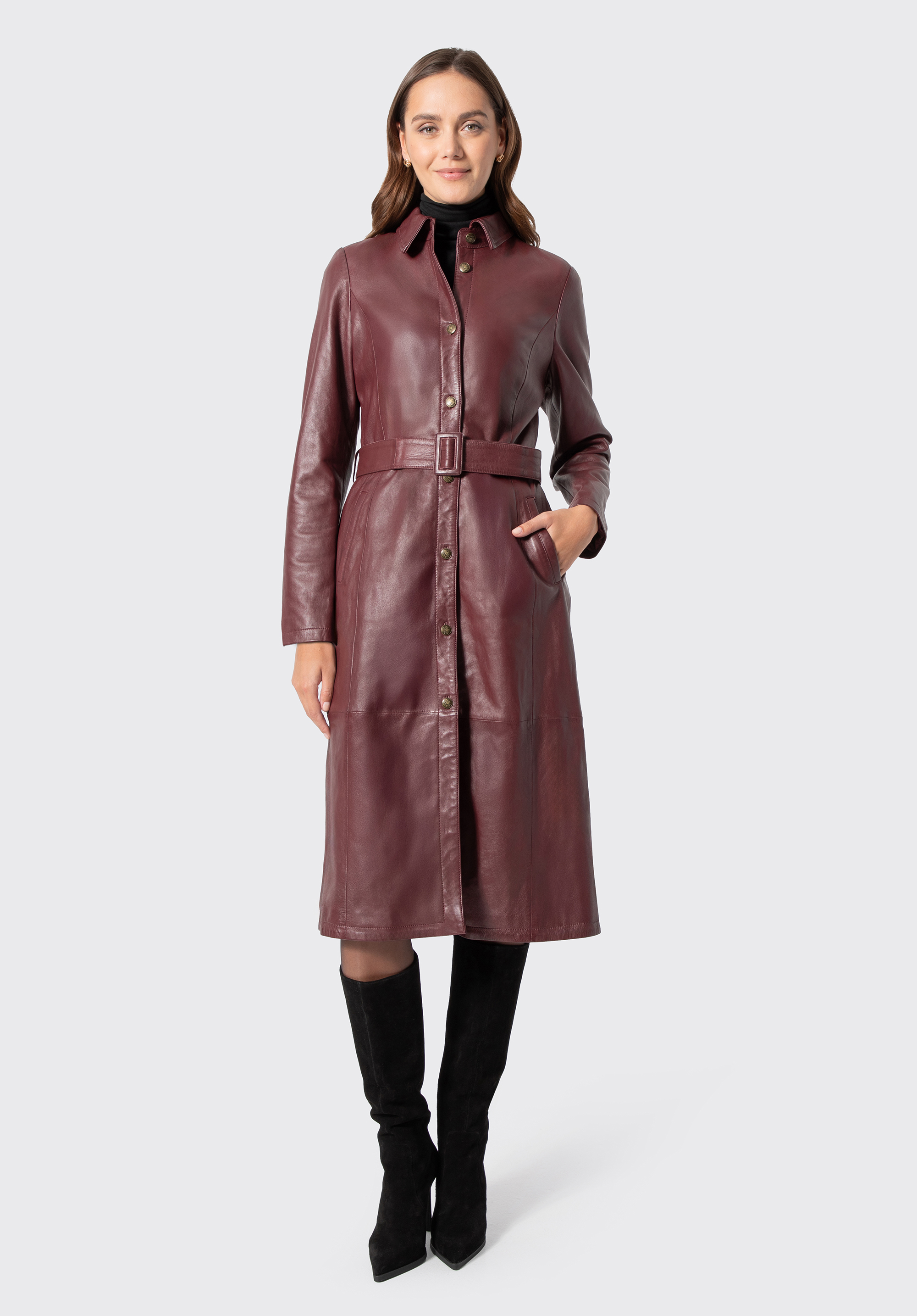 Women's leather belted coat, burgundy, 29-09-407-3-2XL, Photo 1