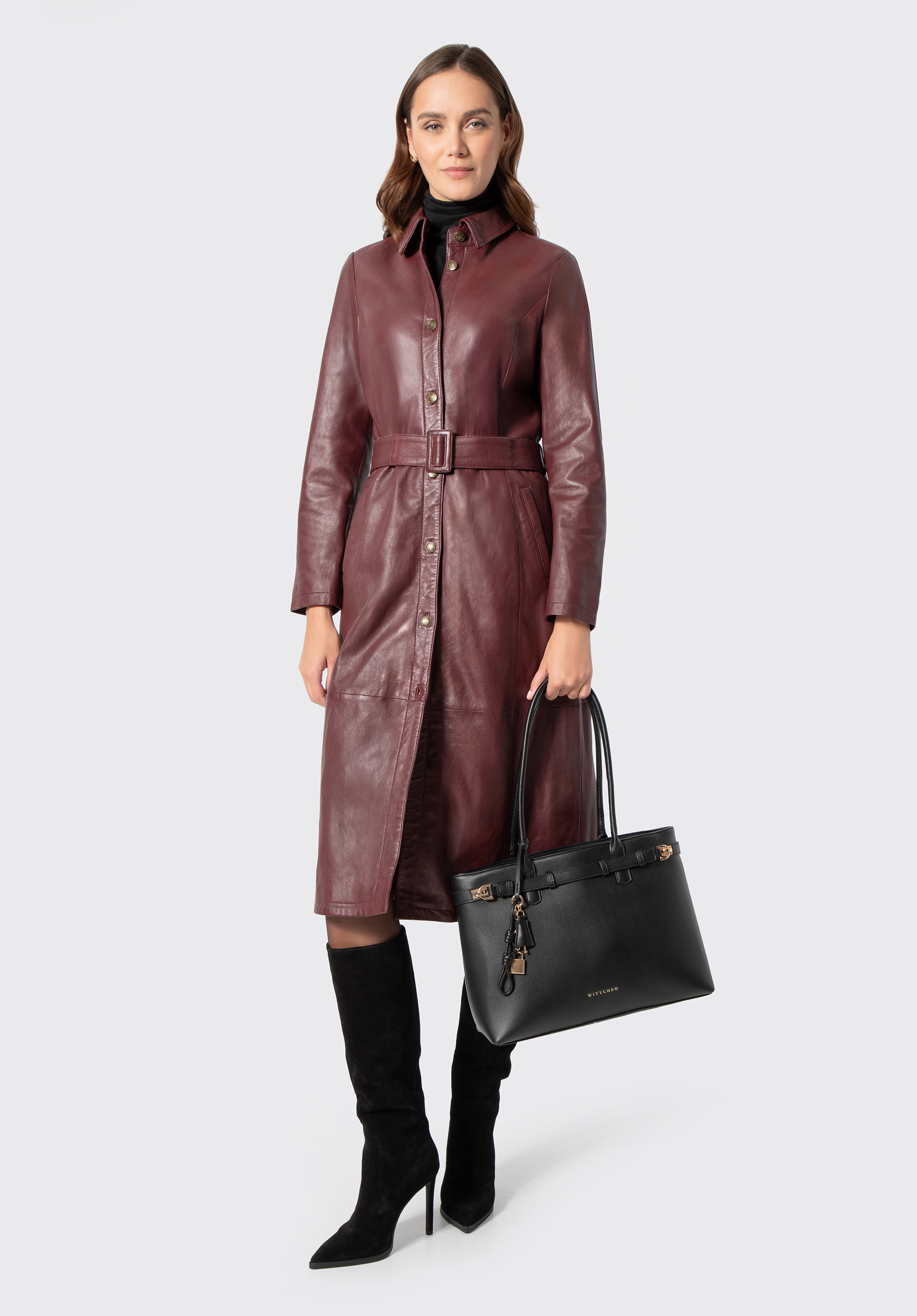 Women's leather belted coat, burgundy, 29-09-407-3-M, Photo 1